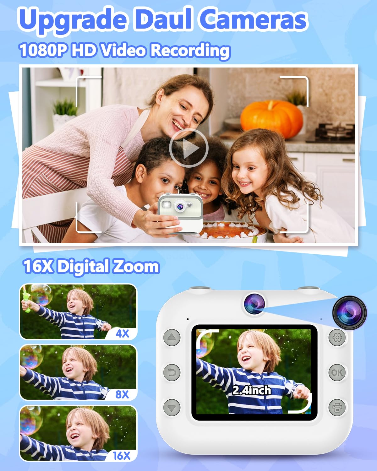 Instant Print Camera For Kids, Christmas Birthday Gifts For Girls Boys, Hd Dual Digital Video Cameras For Kids, Portable Toy For