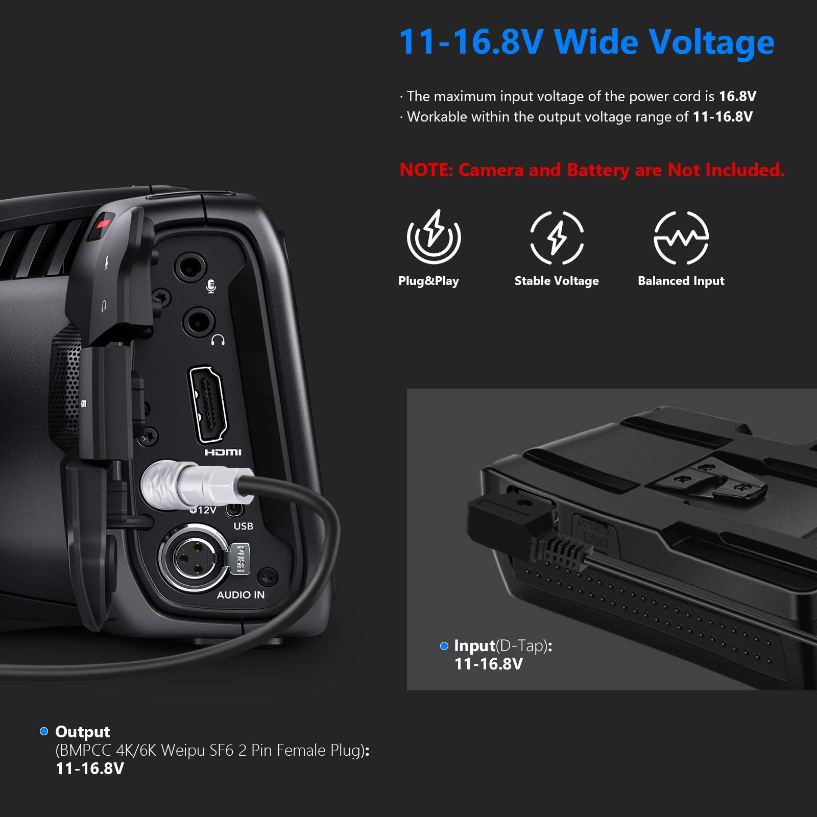 Neewer D-Tap To Bmpcc 4K/6K Coiled Power Cable Compatible With Blackmagic Pocket Cinema Camera 4K/6K Gold Mount V Mount Battery