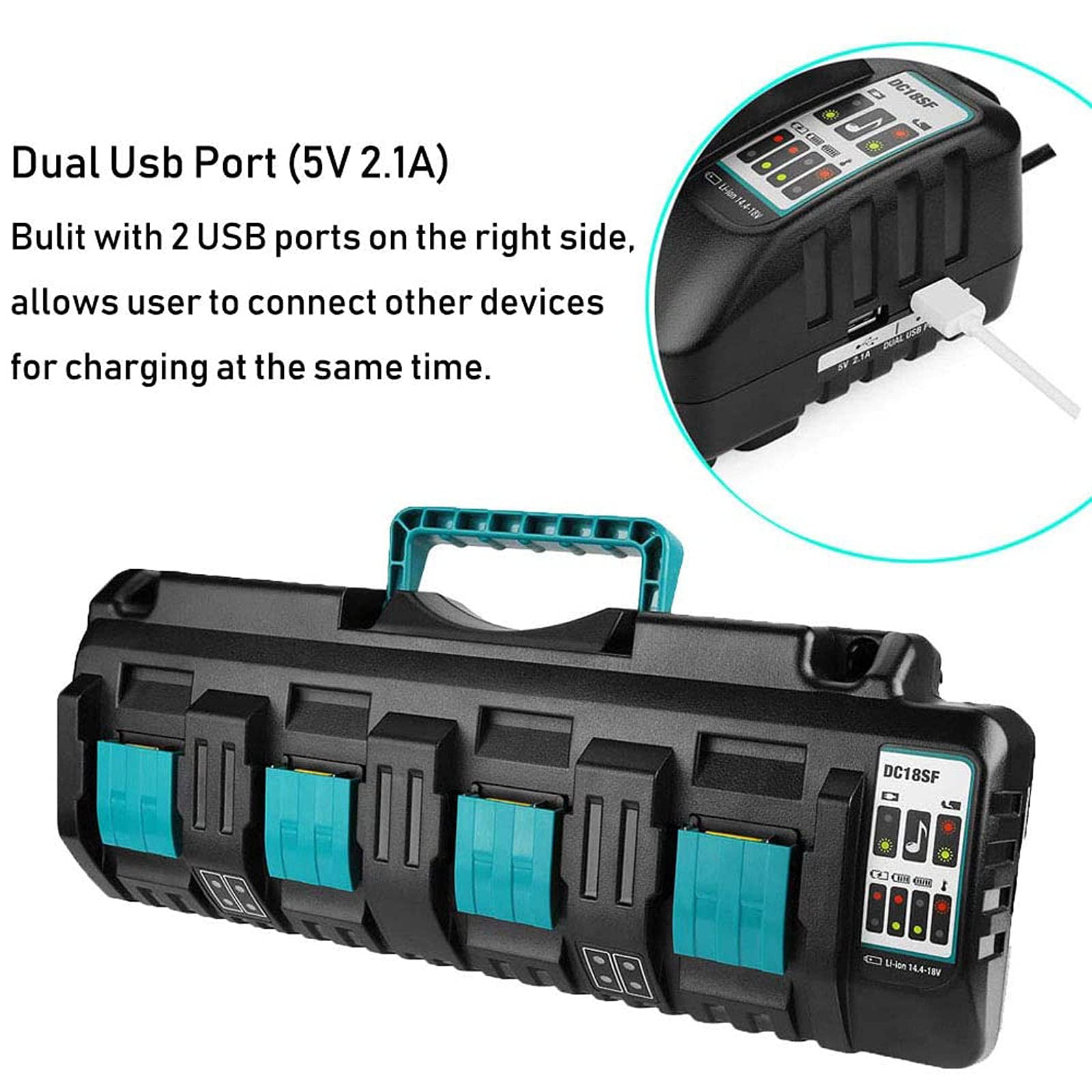 Battery Charger For Makita 18V Battery, 4 Port Charger Station Dc18Sf With 2 Usb A Ports, Simultaneous Rapid Charging For 4 Maki