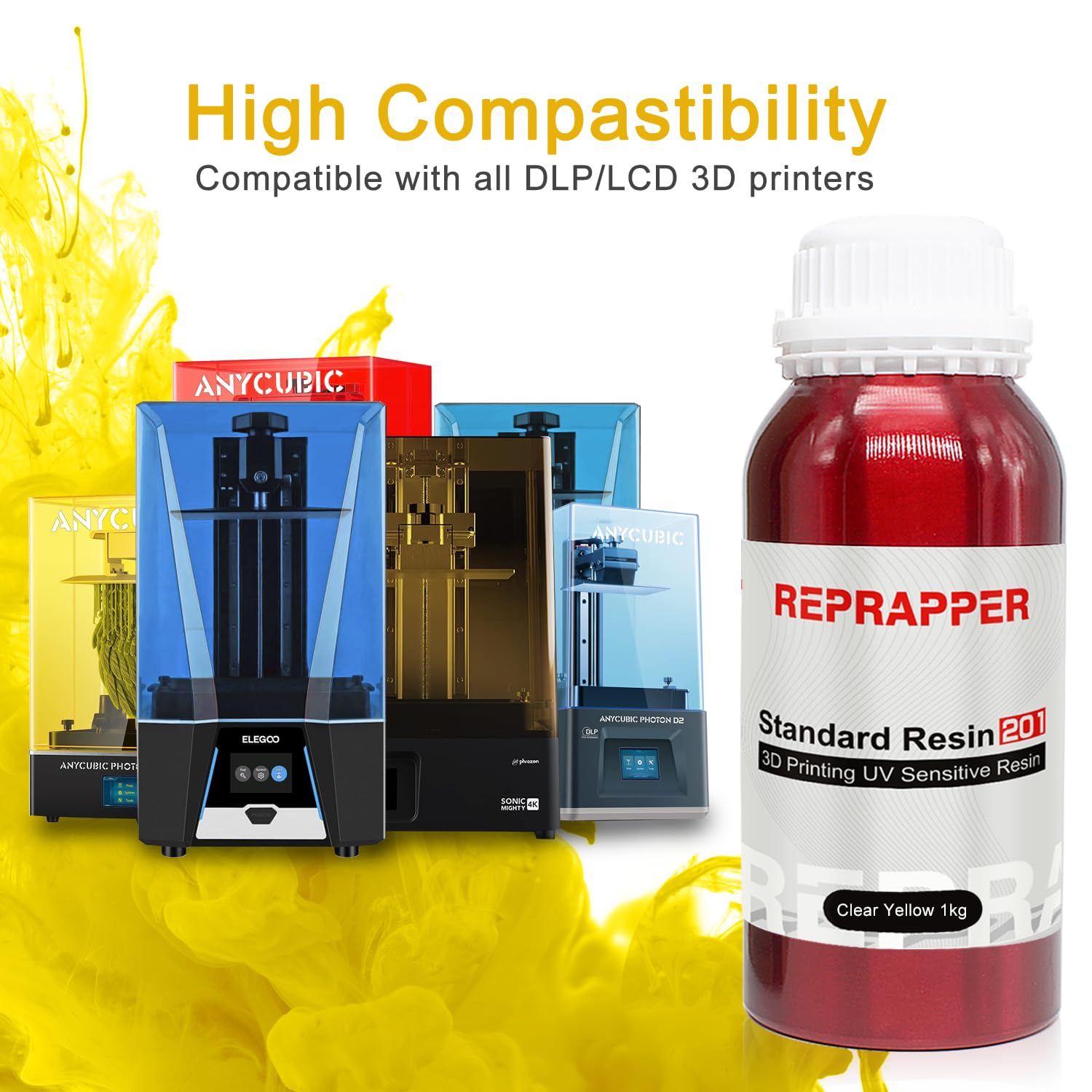 Reprapper Translucent Yellow 3D Printer Resin, 405Nm Fast Uv Curing 1Kg Transparent Yellow Standard Resin, 3D Printing Resin Pho