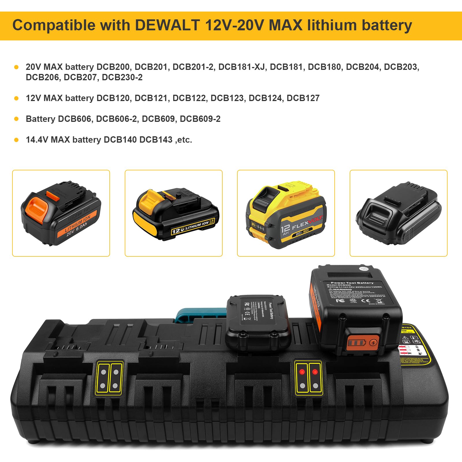 4 Port Battery Rapid Charger Dcb104 For Dewalt 12V Max, 20V Max, And Flexvolt 20V/60V Max Lithium Ion Battery Charging Station (