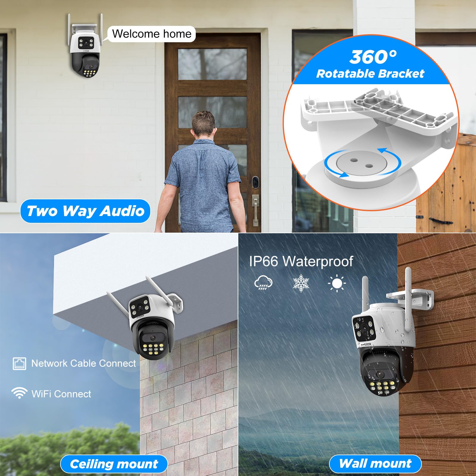 Enster 6Mp Security Camera Outdoor Indoor Dual Lens, 2.4G Wifi Ptz Outdoor Camera Home Security With Human Detection, Auto Track