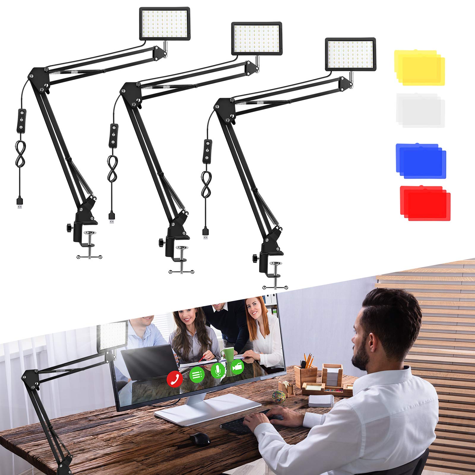 3 Packs 70 Led Video Conference Lighting With C Clamp Arm Stand/Color Filters, Obeamiu 5600K Usb Studio Light Photography Lighti