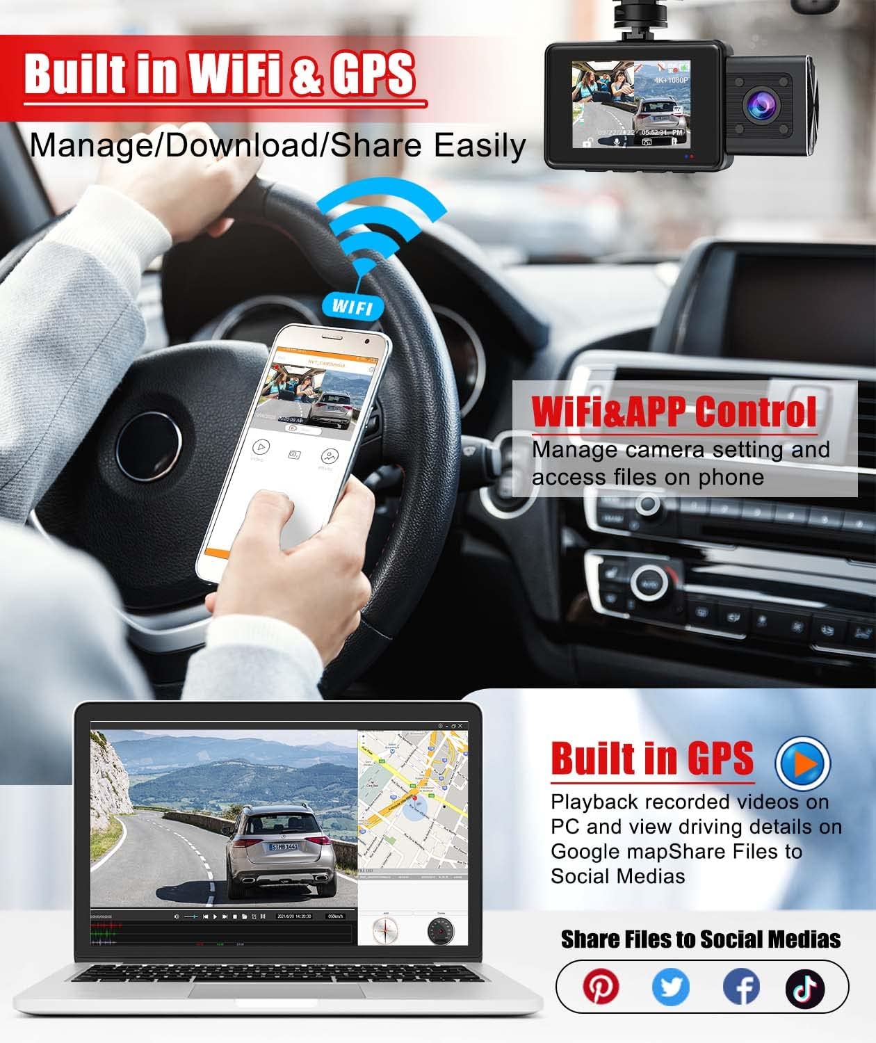 Lamonke 4K Dash Cam With Gps Wi Fi, Front And Inside Dual 4K+1080P, Car Camera With Night Vision, Supercapacitor, G Sensor, Park