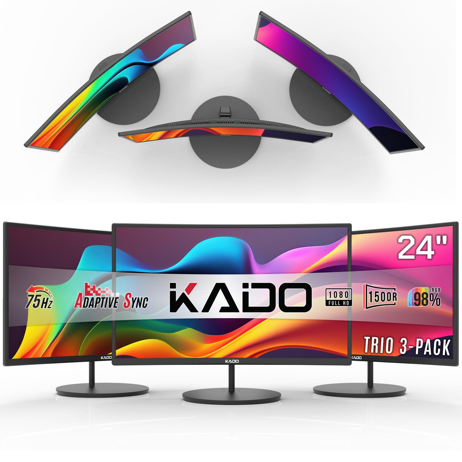 Kado Triple Monitor Setup - 3-Pack 24 Curved 1920x1080 Computer Monitor 1500R 75Hz VESA Mount HDMI Office Gaming Hybrid Built-in