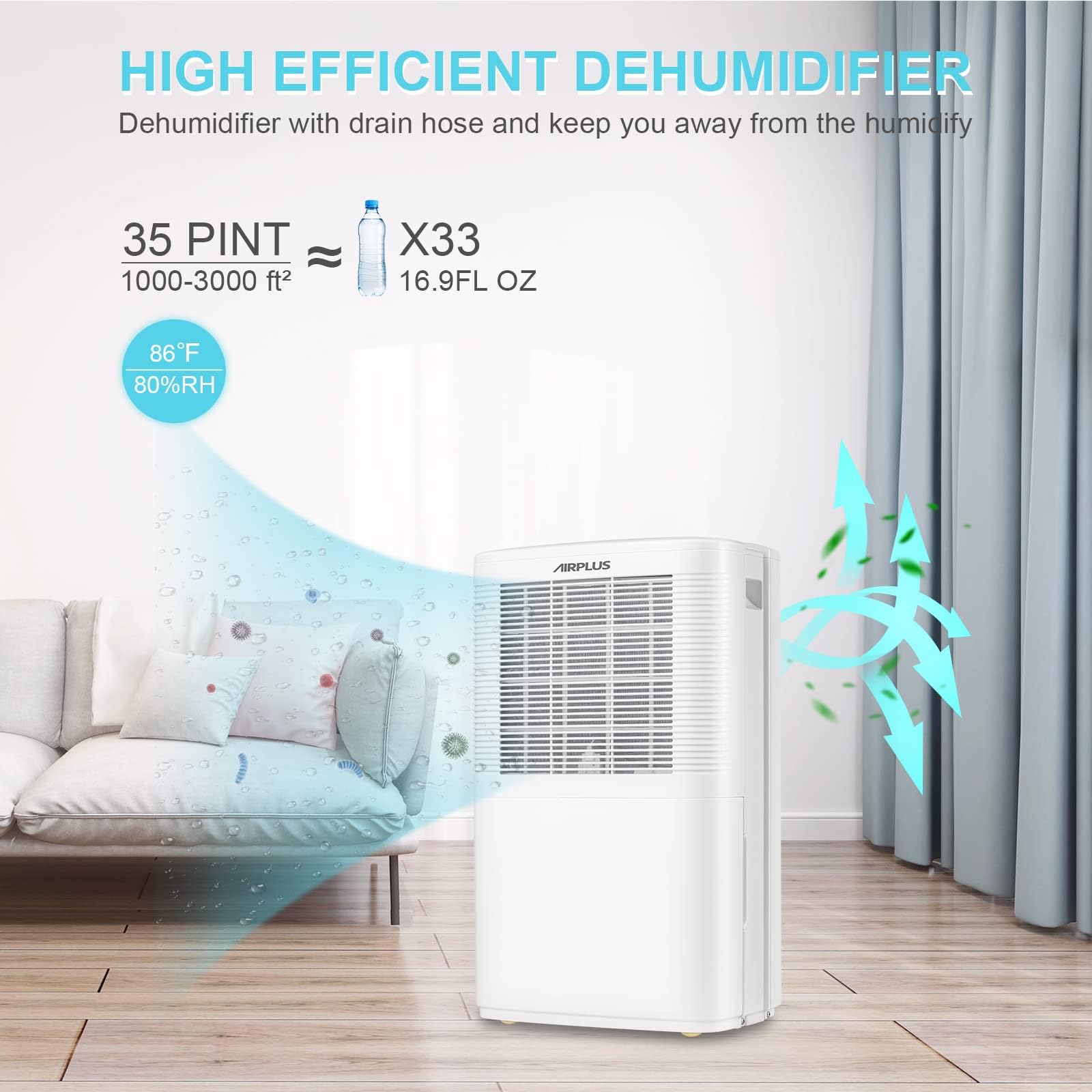Airplus Dehumidifiers For Home, 3000 Sq. Ft 35 Pint Dehumidifier For Basement With Drain Hose, Ideal For Large Room, Bathroom &