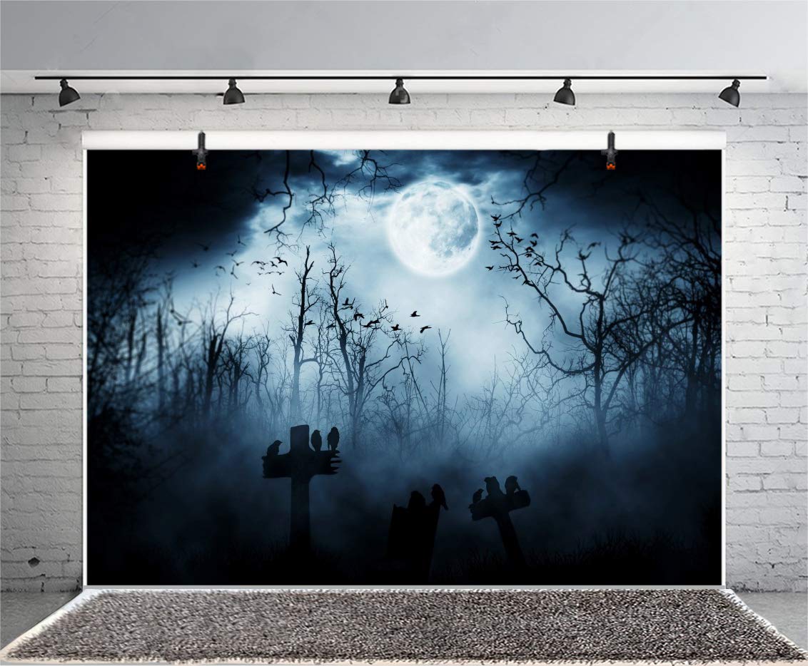 Aofoto 7X5Ft Moon Night Halloween Cemetery Photography Backdrop Flying Bats Birds Stand On Gravestone Cross Graveyard In Dark Fo
