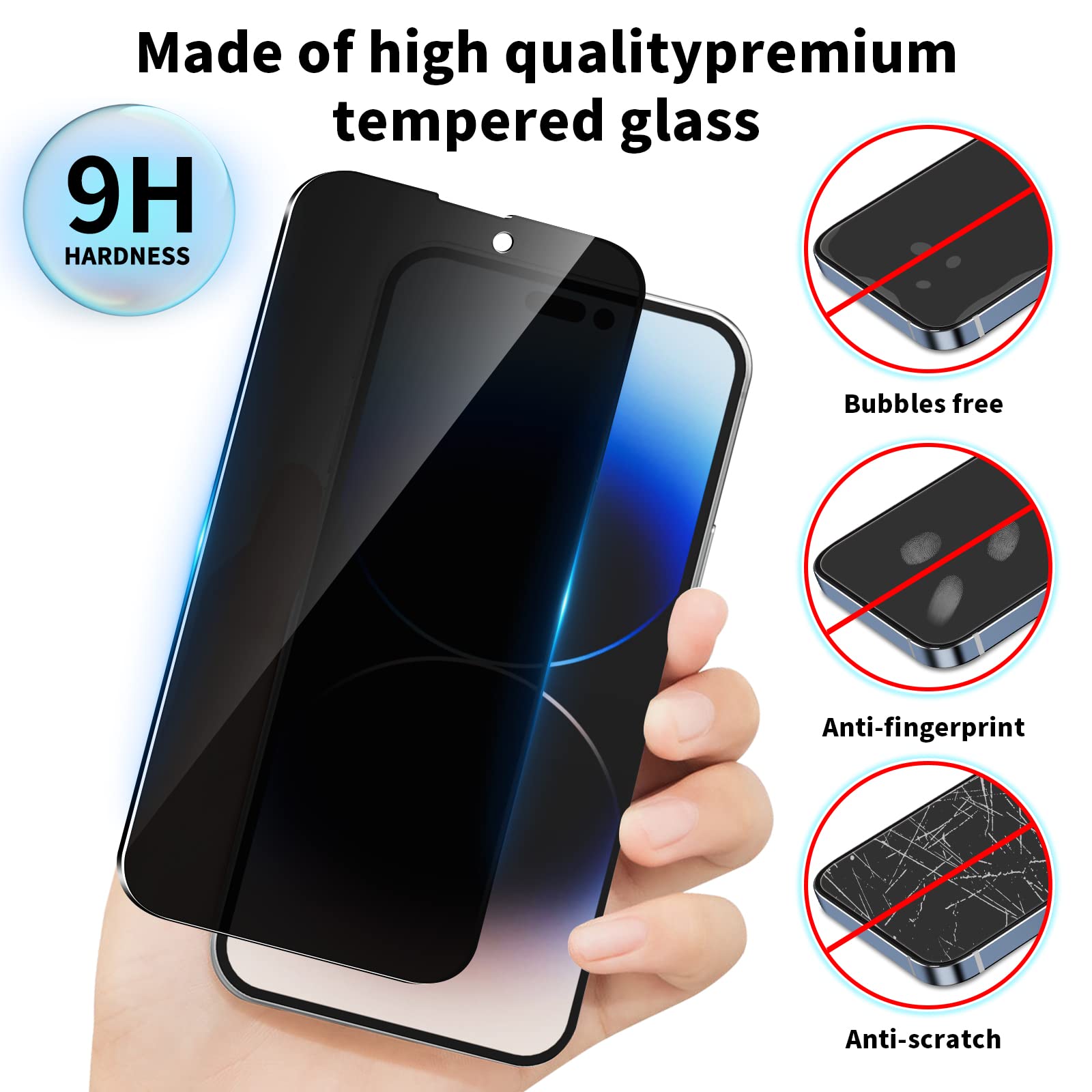 Wyqltd [2+2 Pack] For Iphone 14 Pro Privacy Screen Protector And Camera Lens Protector, Tempered Glass 9H Hardness Scratch And S