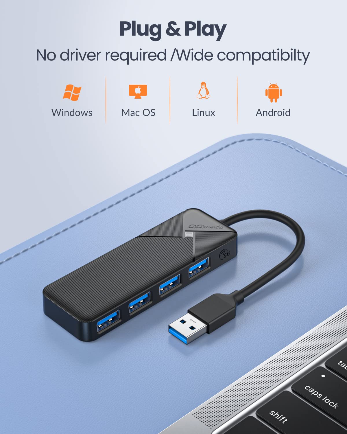 Gigimundo 5Gbps Usb 3.0 Hub, Multi 4 Ports Usb Splitter Usb Expander For Laptop, Computer, Pc, Ps4, Xbox, Printer, Keyboard, Mou