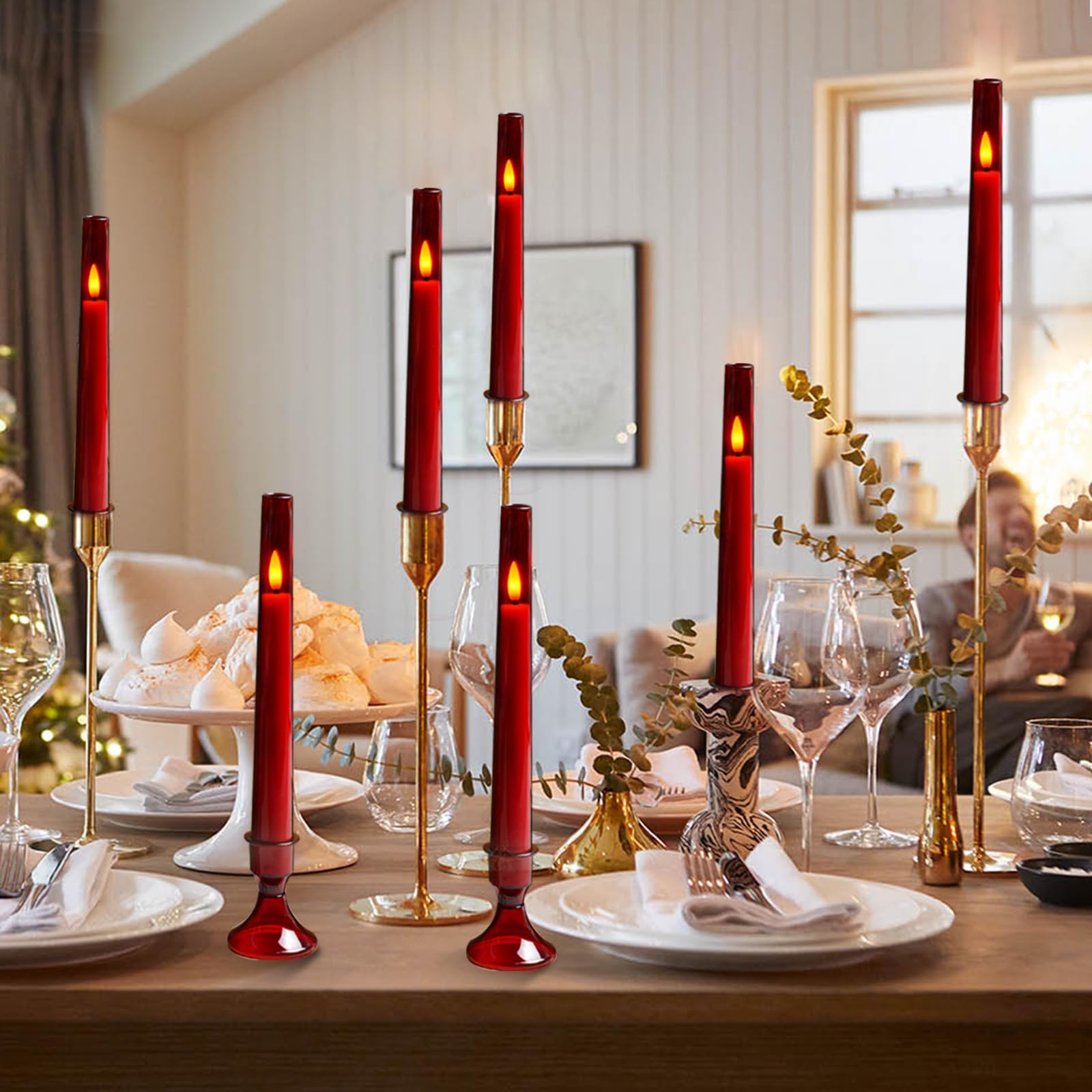 Lezonic Flameless Windows Candles Battery Operated With Timer Remote, 6Pcs Red Acrylic Flameless Candlesticks With Holders, Led