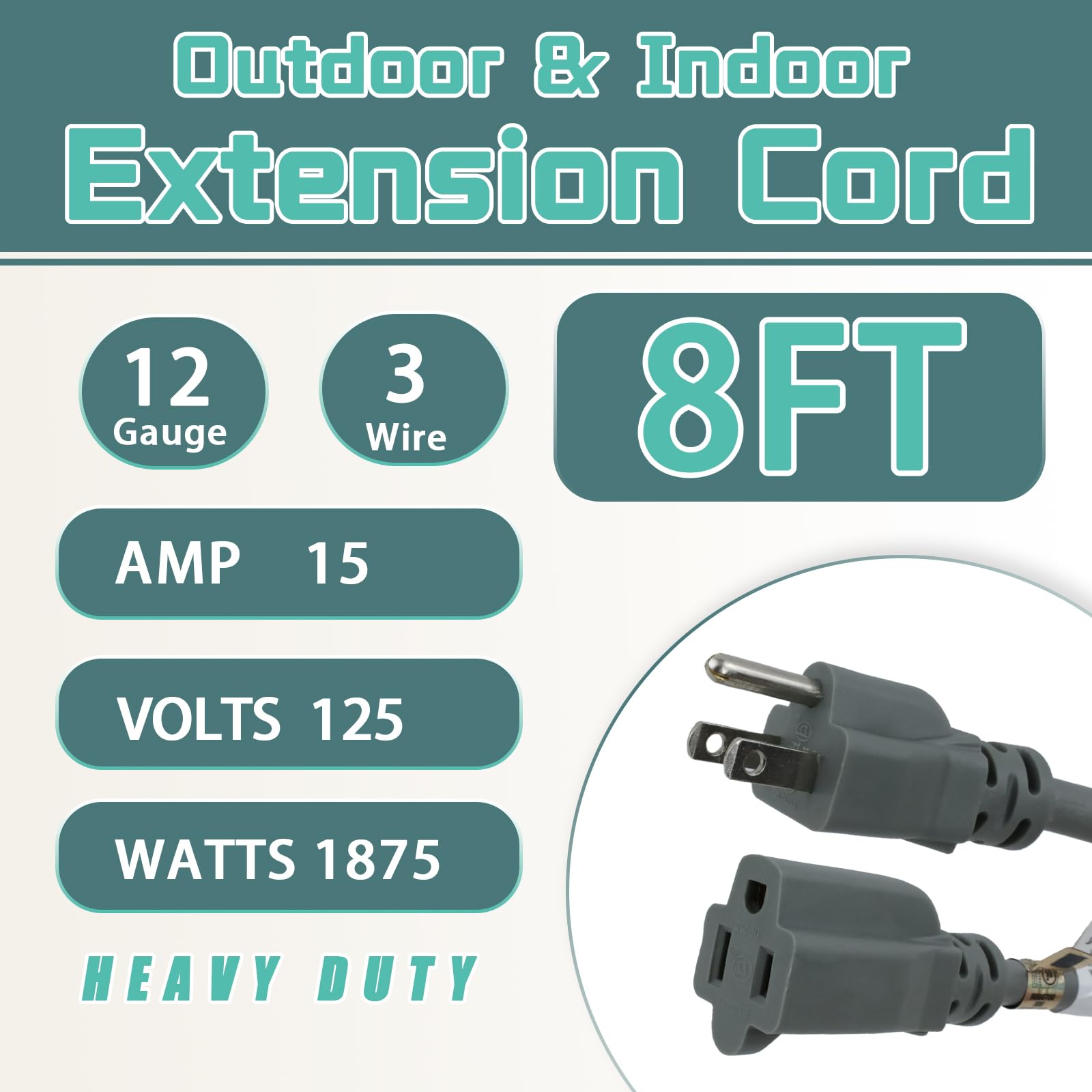 Greatide 8 Ft Outdoor Extension Cord   12/3 Sjtw Heavy Duty Grey Extension Cable With 3 Prong Grounded Plug   Power Cord For Law