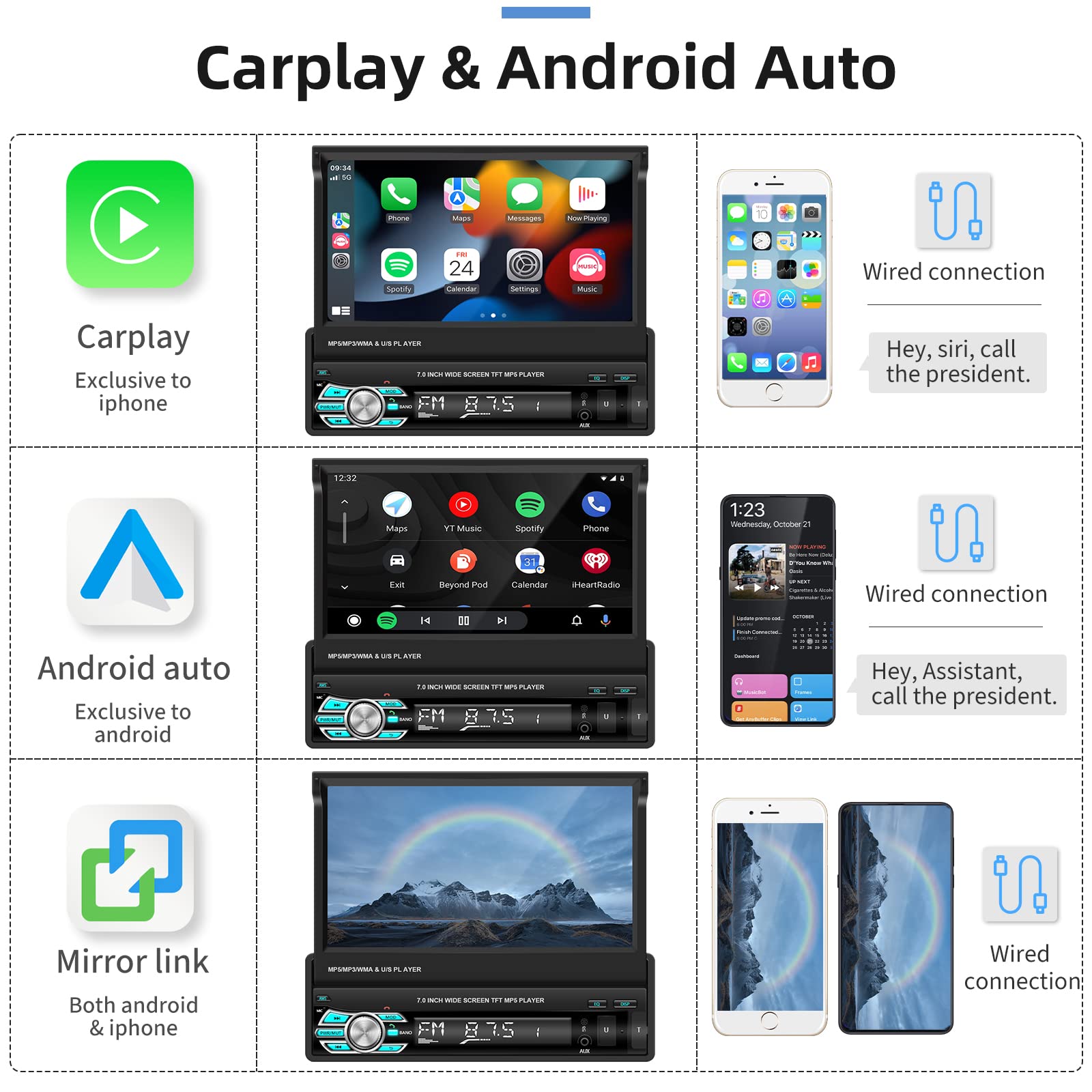 Single Din Apple Carplay Car Stereo Audio Receivers With Android Auto/Airplay Mirrorlink,Podofo 7 Inch Flip Out Car Radio Bluetooth Fm Radio With Hd Backup Camera//Usb/Tf Card/Aux In Ports