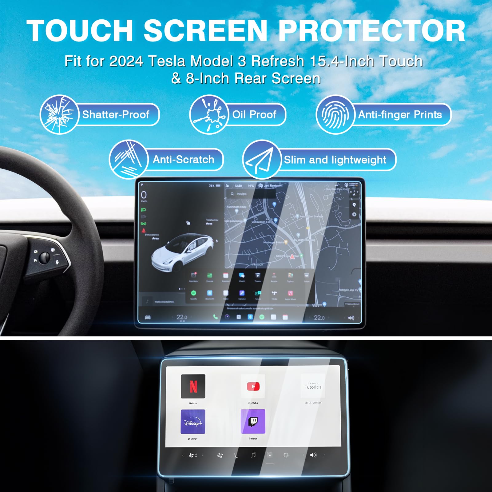 Karltys 2Pcs 2024 Model 3 Highland Screen Protector For Refresh Tesla Model 3 Highland Accessories 2024 2025 15.4 Inch Touchscreen & 8 Inch Rear Screen, Anti Glare Tempered Glass Radio Screen Cover