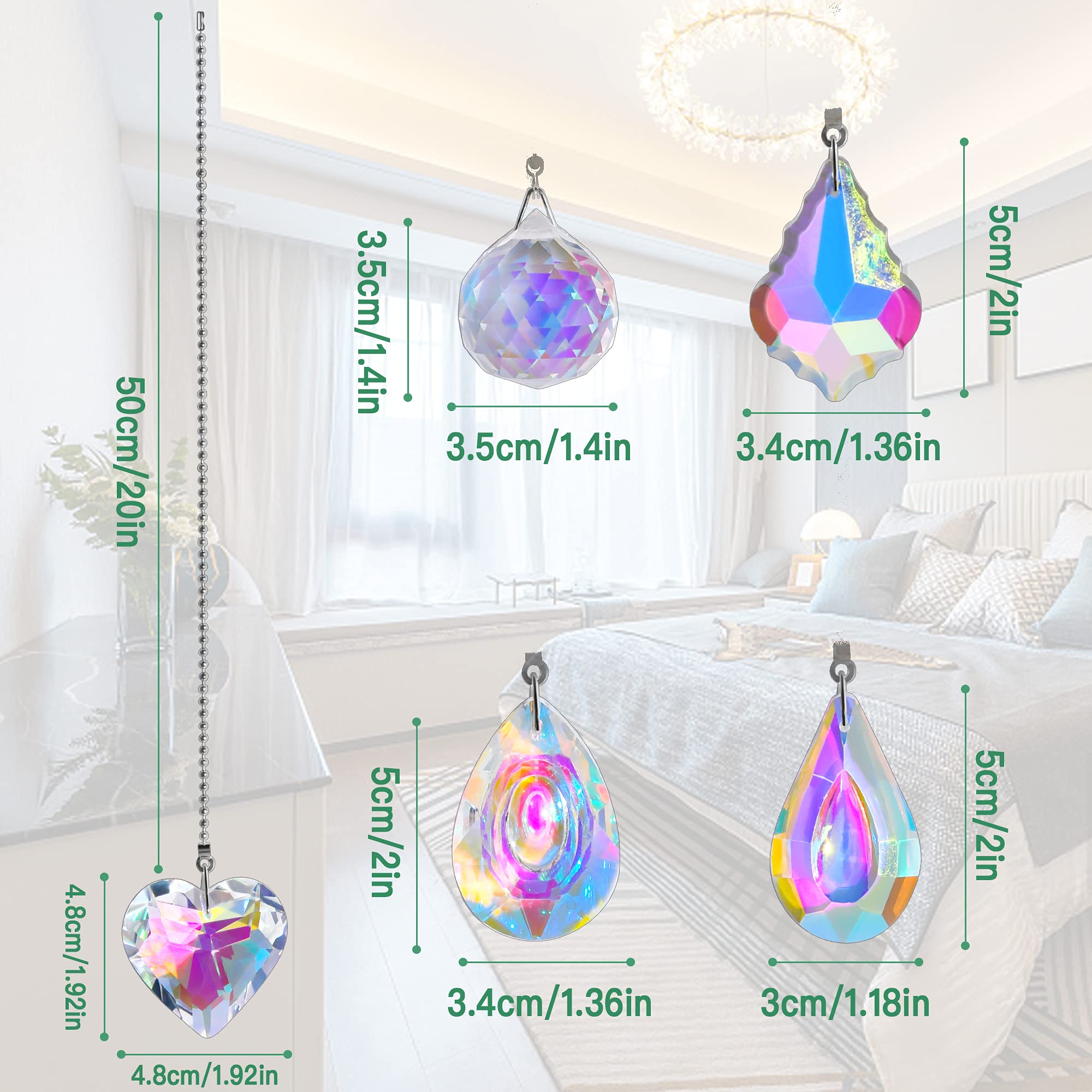 Worldity 5 Pieces Crystal Ceiling Fan Pull Chain, Rainbow Maker Fan Pulls Decorative, Pull Chain Extension With Connector For Li