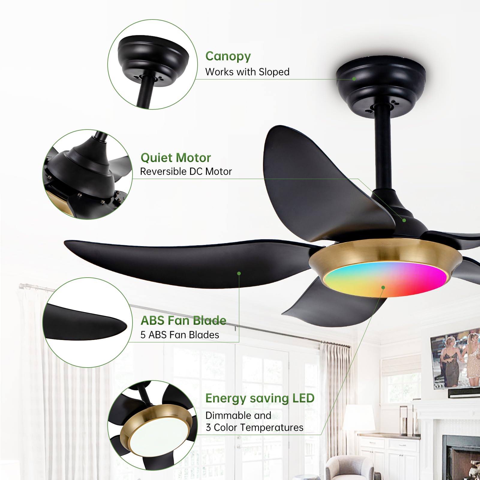 42 Low Profile Ceiling Fan With Lights, Remote & App Control, Dimmable Led With Rgb Function, 6-Speed Reversible Dc Motor, Quiet