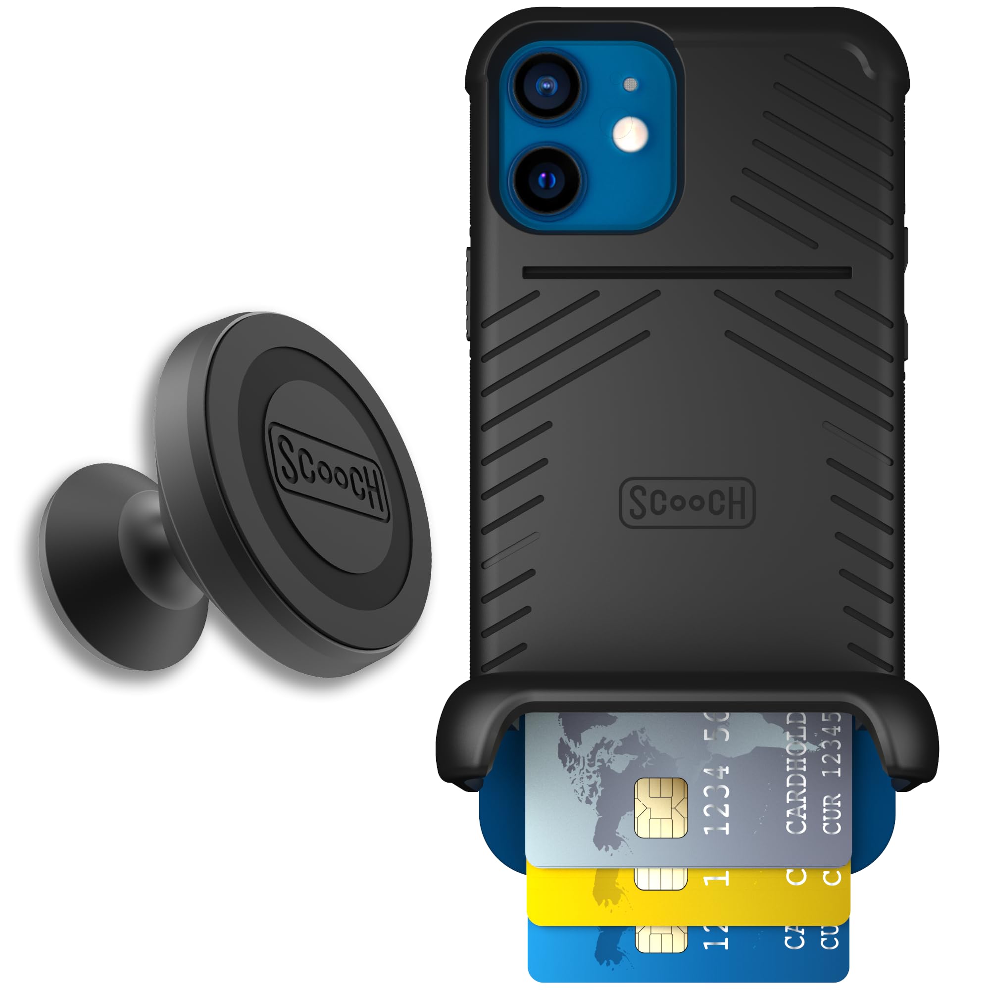 Scooch for iPhone 12/12 Pro Case with Card Holder, Wingmate Wallet Case Black, Bundled with Wingmount Magnetic Car Mount