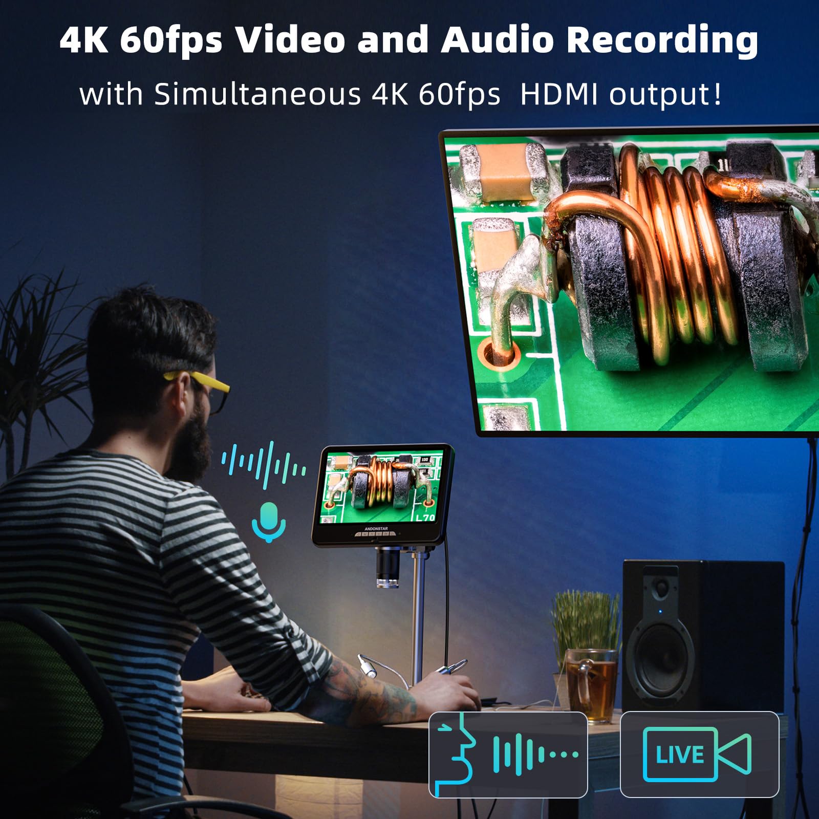 Andonstar 4K 60Fps 10.1'' Hdmi Digital Microscope For Soldering, 64Mp 3840P Uhd Video Audio Record, Ad210S Pro Electronic Pcb Mi