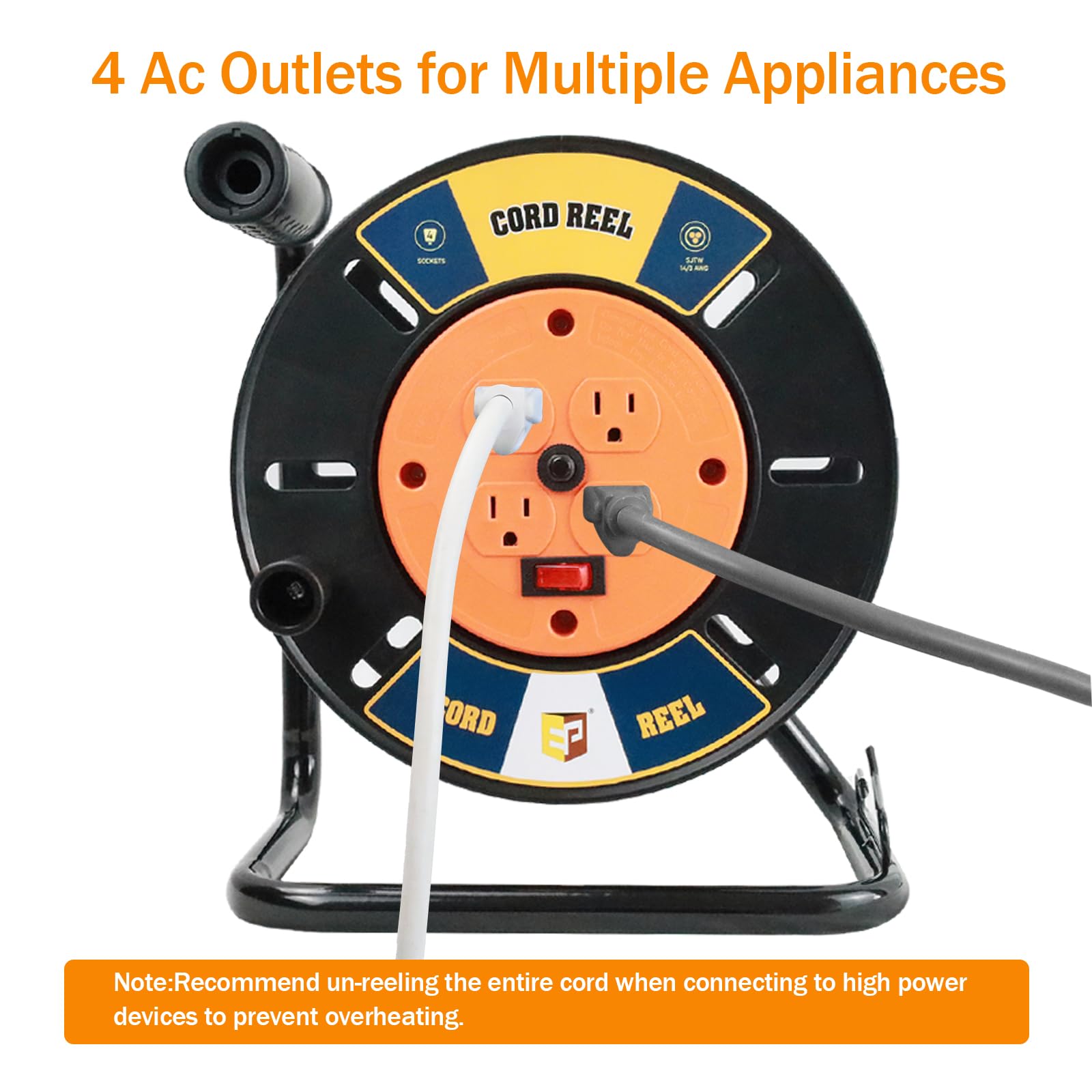 EP Heavy Duty Extension Cord Storage Reel 4-Grounded Outlets Metal Orange Empty Hand Crank