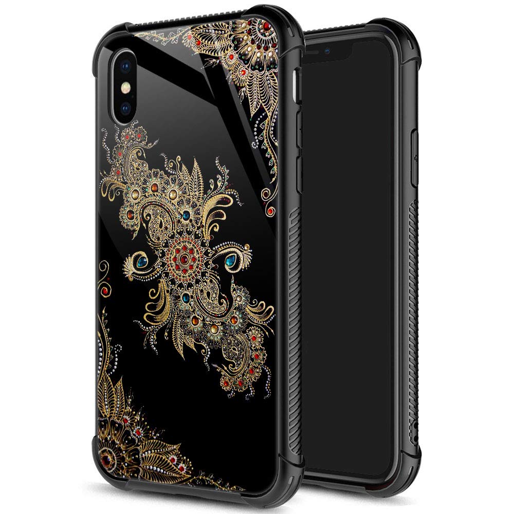 Iphone Xr Case,9H Tempered Glass Iphone Xr Cases For Girls Women, Golden Diamond Mandala Pattern Shockproof Anti Scratch Case Fo