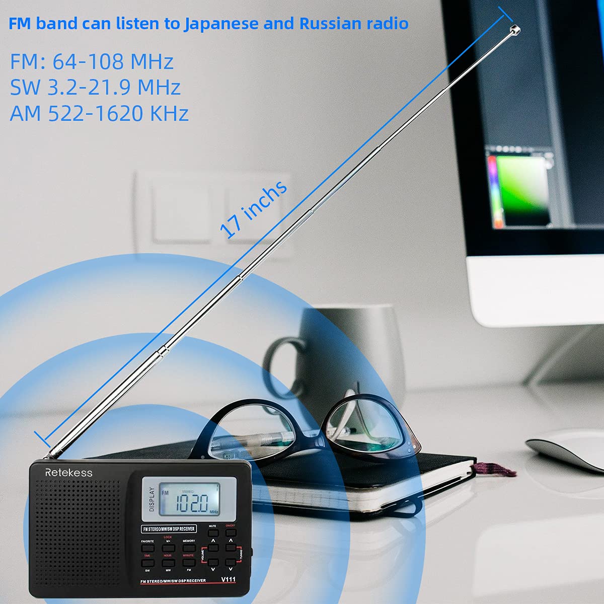 Retekess V111 Shortwave Radio, Portable Digital Radio Stereo Voice, Battery Operated With Favorite Key And Earphone Digital Alar