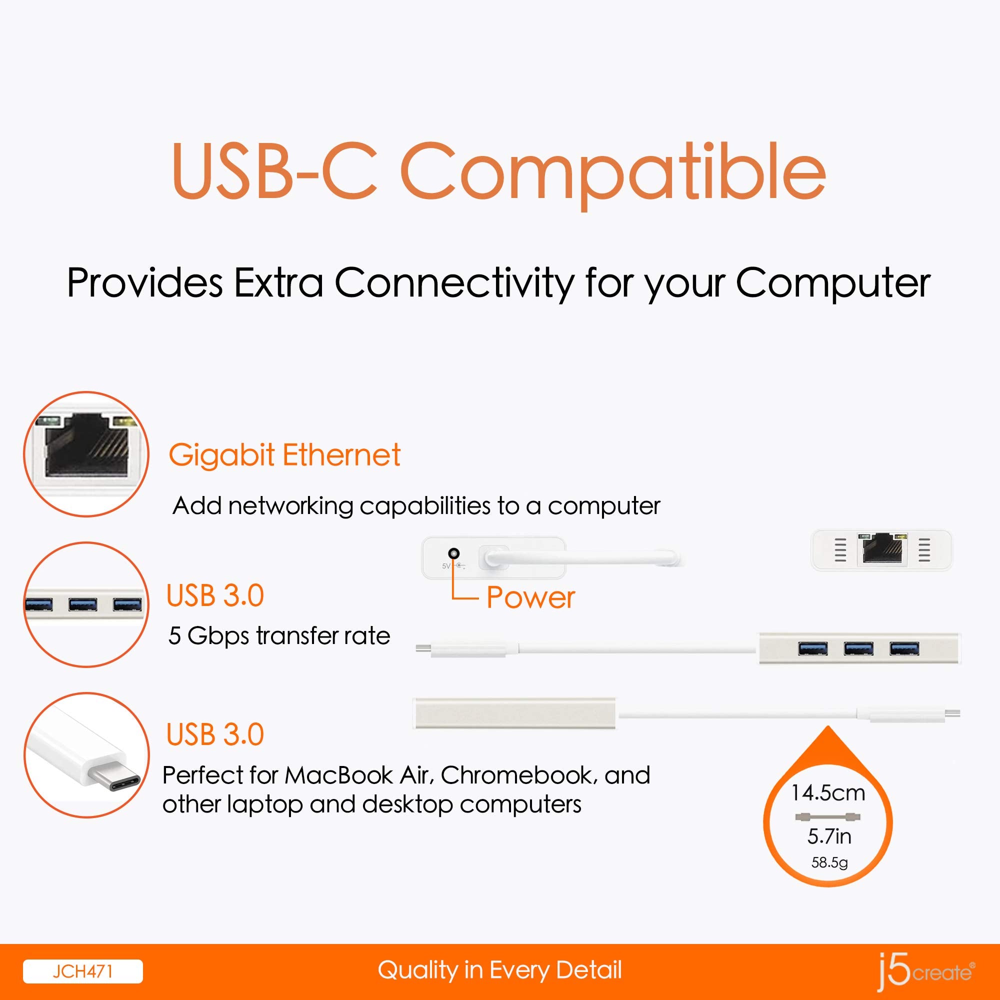 J5Create Usb Type-C Hub Adapter With Gigabit Ethernet And 3X Usb 3.0 Ports