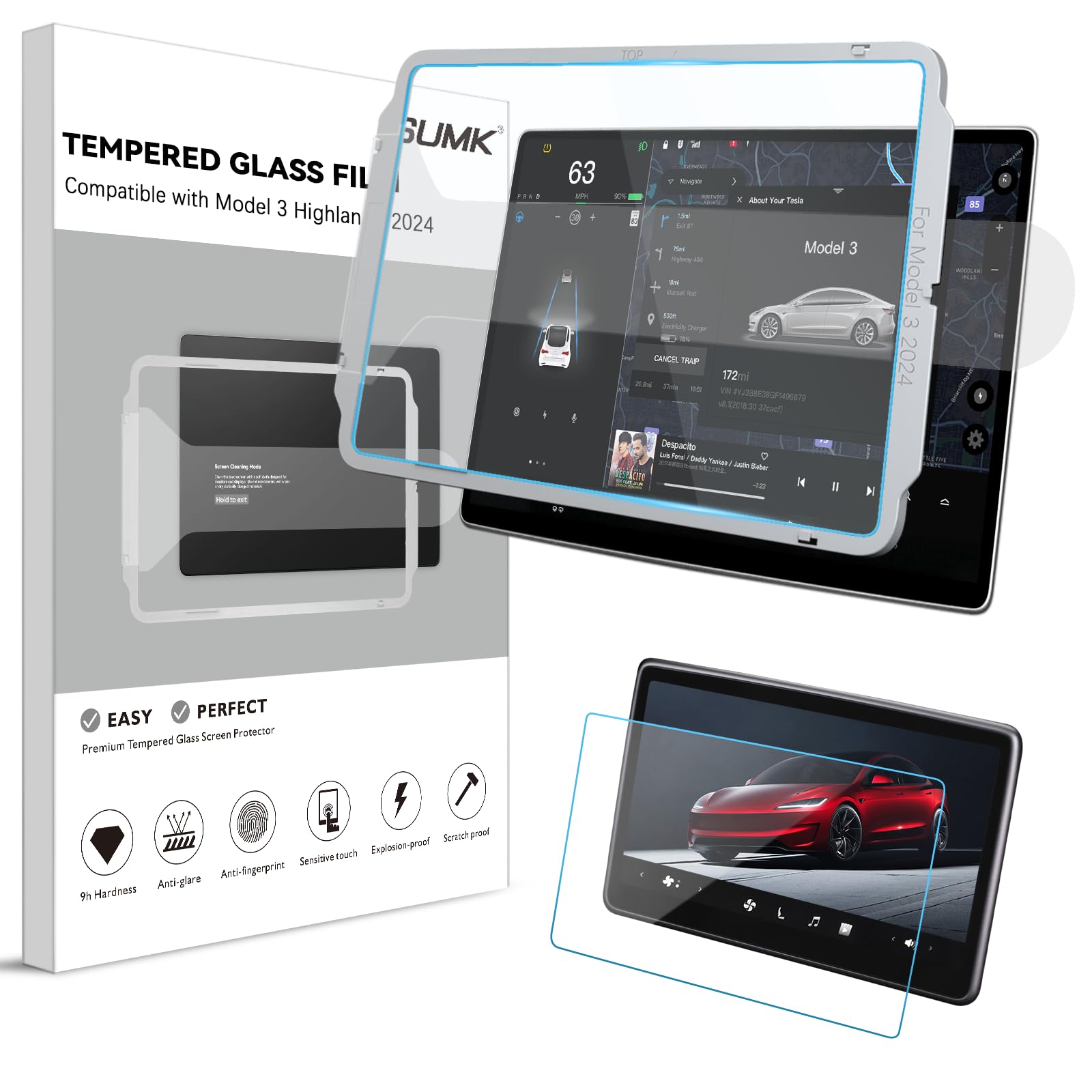 Sumk Tempered Glass Screen Protector For Tesla Model 3 Highland 2024 Only [No Glare & Fingerprint] 15.4'' Matte Touchscreen Prot