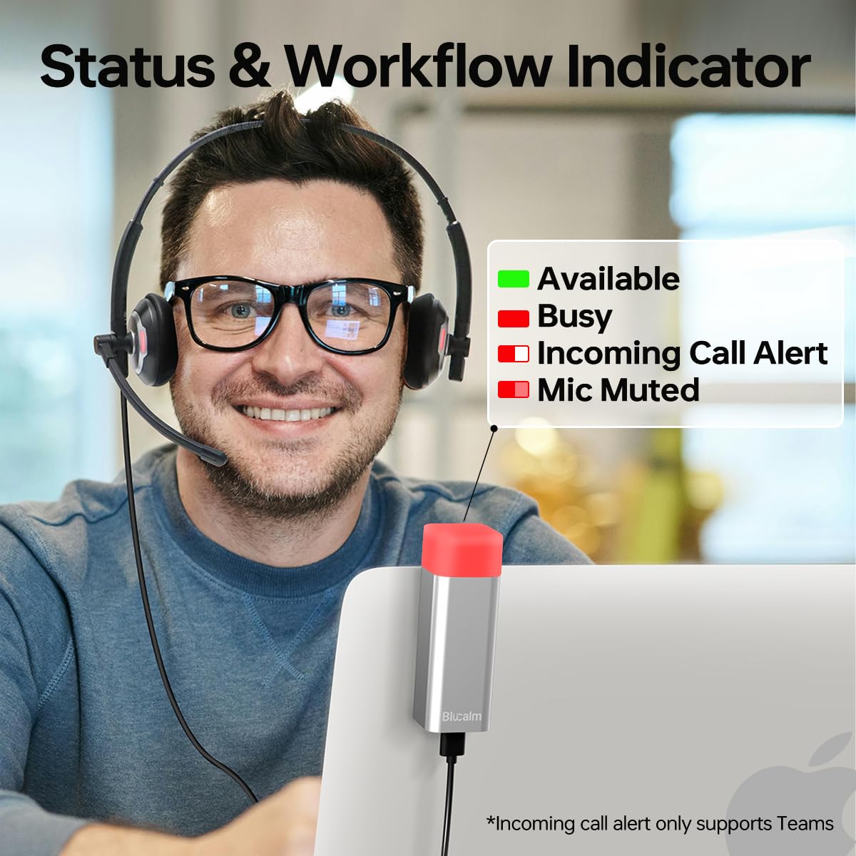 Blucalm Wired Headset With Busylight Indicator, Noise Canceling Headphones With Microphone/Status Light, Usb Black On Ear Comput