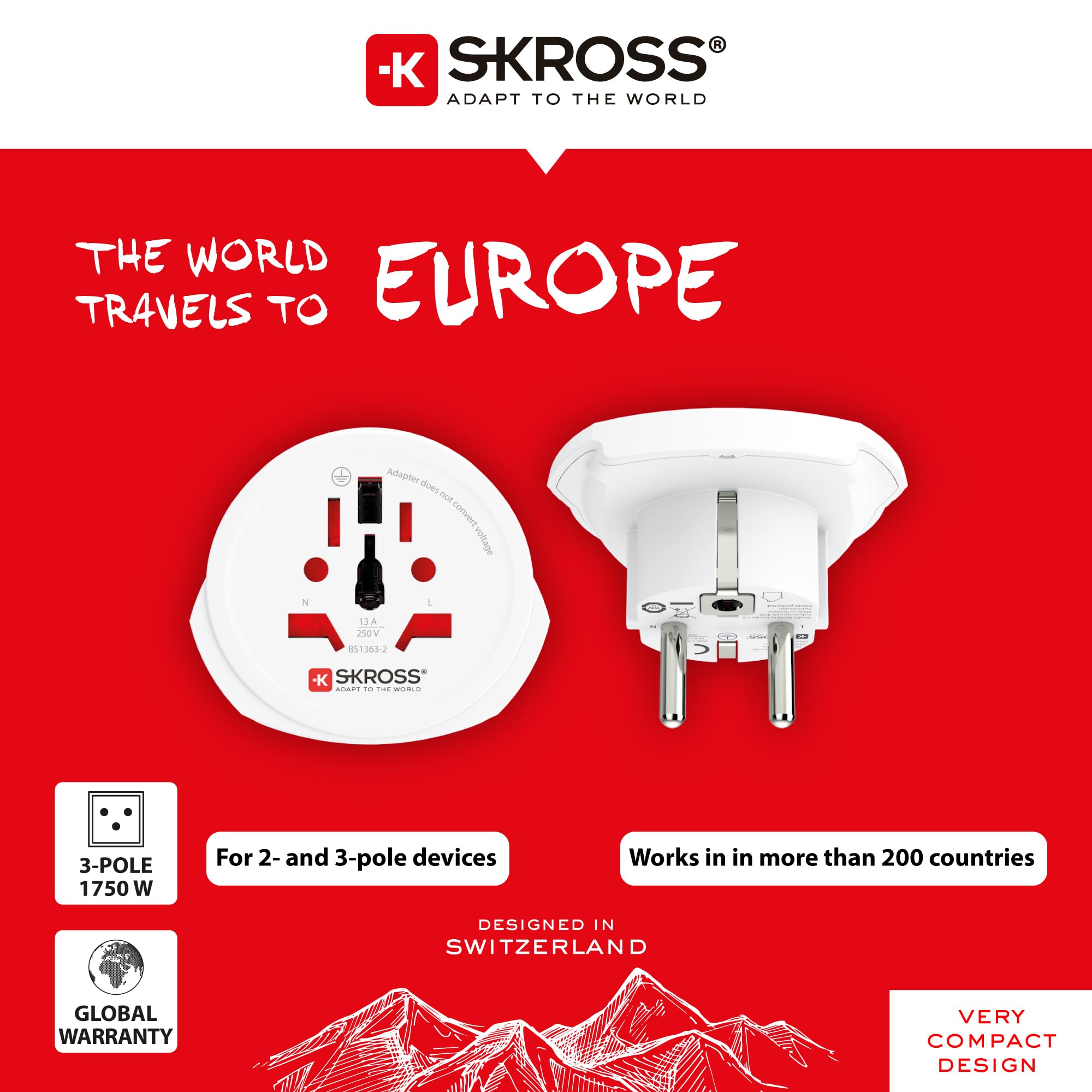 Skross World To Europe Country Travel Adaptor, White