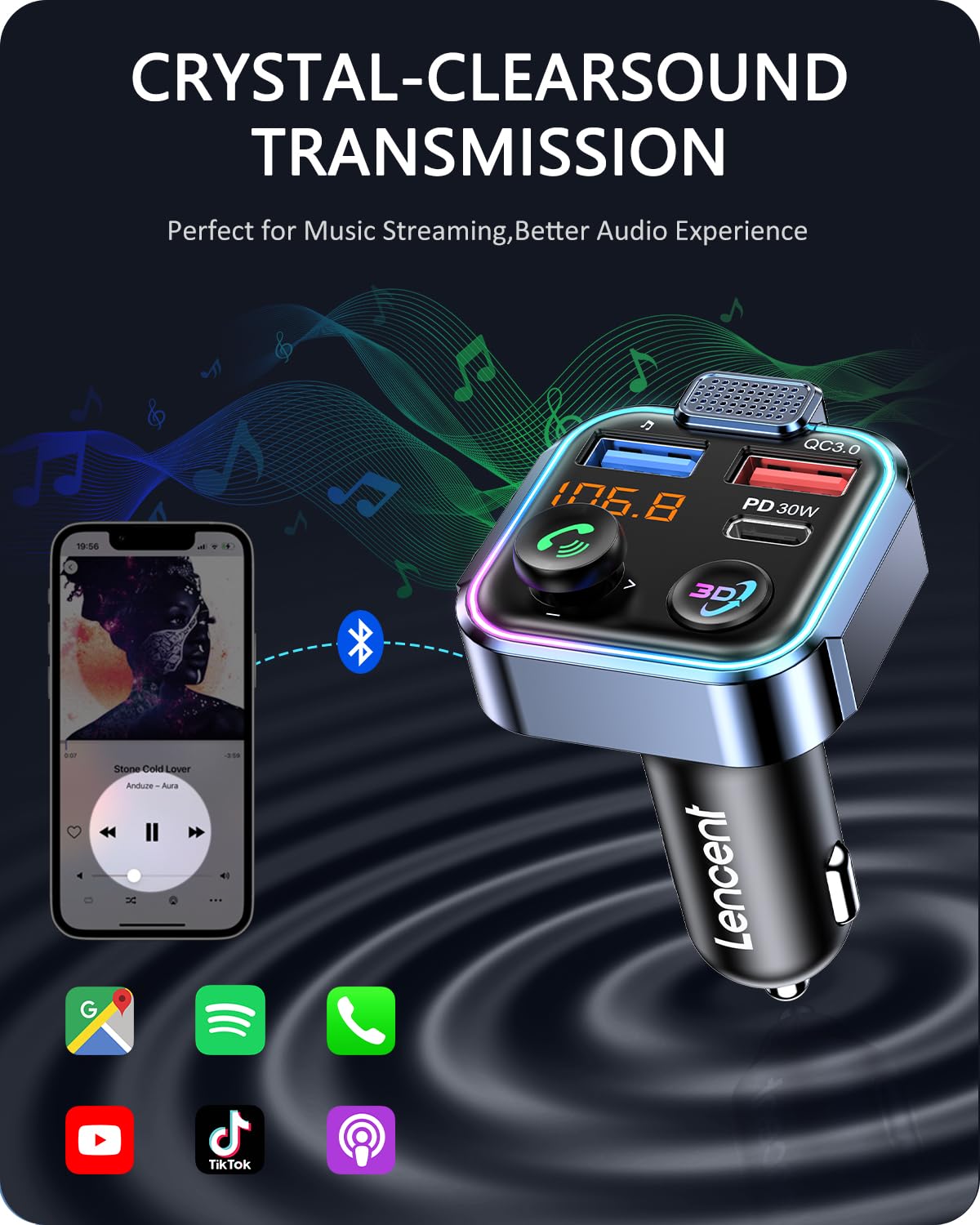 Lencent Bluetooth 5.3 Fm Transmitter, Wireless Radio Adapter Car Kit With Type C Pd 30W+ Qc3.0 Fast Usb Charger, Hands Free Call