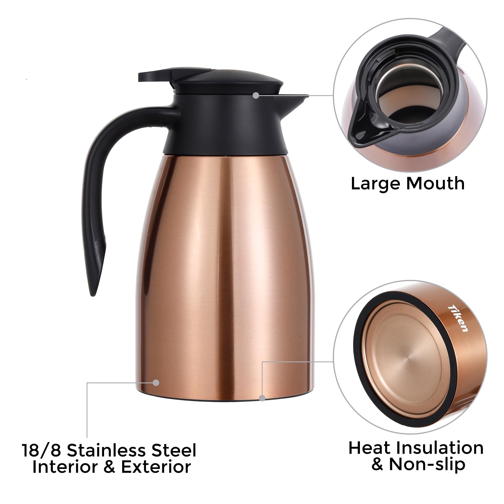 Tiken 51 Oz Thermal Coffee Carafe, Stainless Steel Insulated Vacuum Coffee Carafes For Keeping Hot, 1.5 Liter Beverage Dispenser