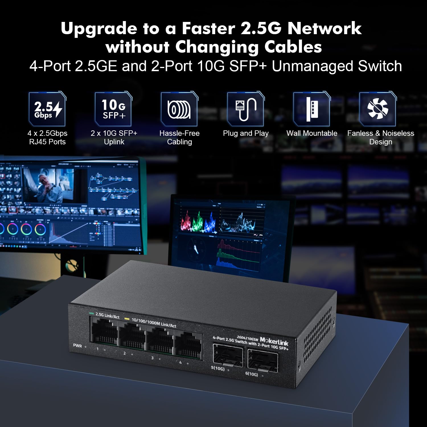 Mokerlink 4 Port 2.5G Ethernet Switch With 2X10G Sfp+ Slot, 4X2.5G Base T Ports Compatible With 100/1000Mbps, Mini Size, Metal U