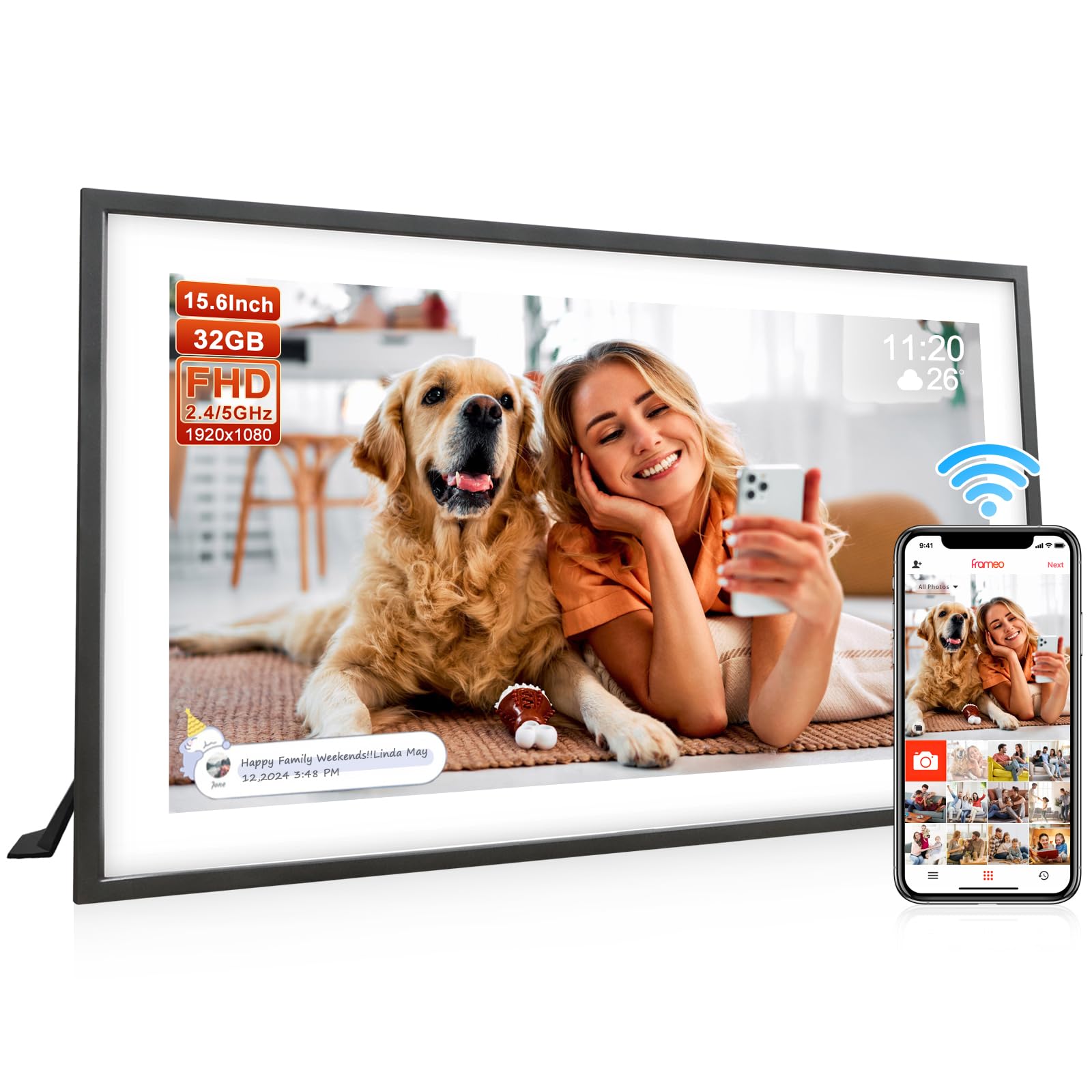 Frameo 15.6 Inch Large Digital Photo Frame, Digital Picture Frame WiFi with 32GB, 1920 * 1080 IPS HD Touch Screen, Electronic Pi