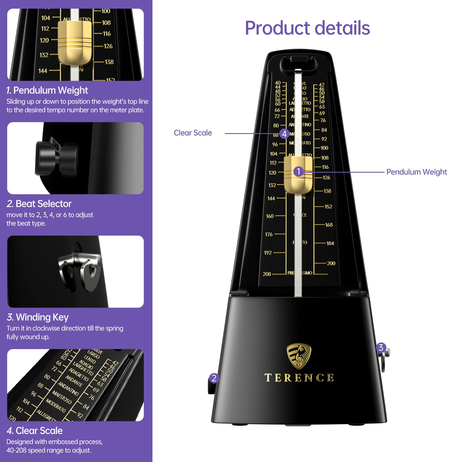 Mechanical Metronome, Universal Metronome For Piano Guitar Violin Drums And Other Instruments, Loud Sound, Accurate Track Beat A