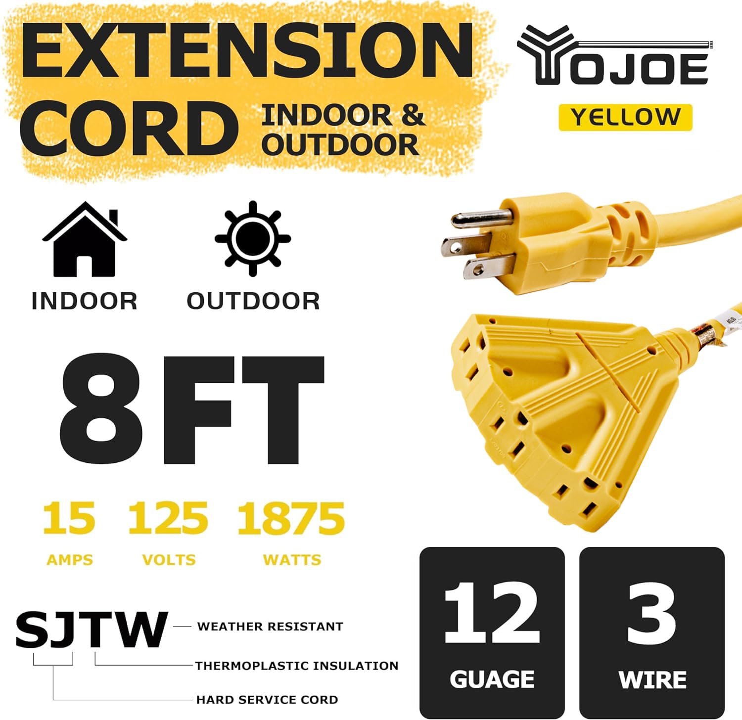 Yojoe 3 Outlets Indoor Outdoor Extension Cord, 3 Prong 15A Weatherproof Power Cord Multiple Outlets, 12 Gauge Heavy Duty 8 Ft Ye
