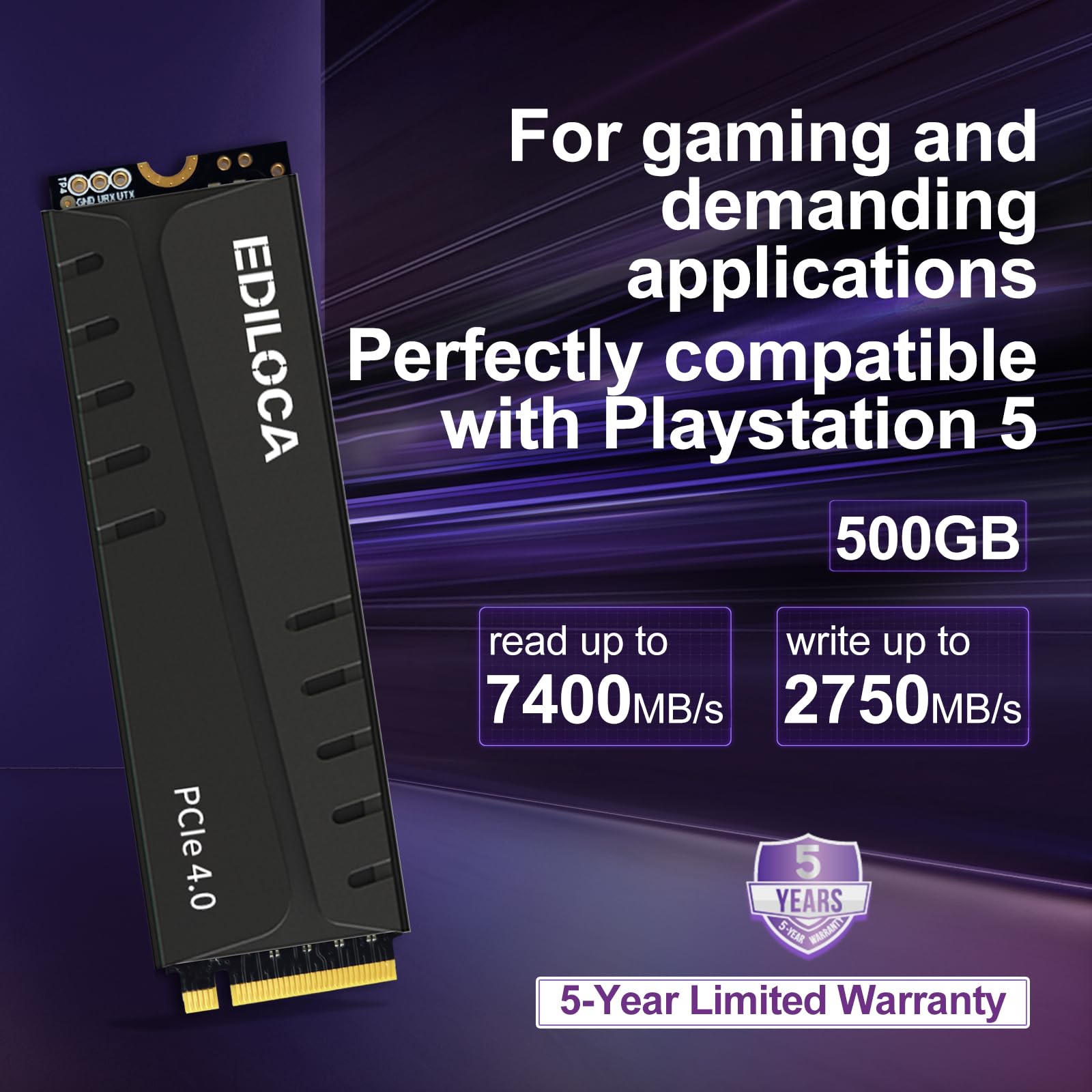 Ediloca En855 Internal Gaming Ssd With Heatsink 500Gb Pcie Gen4, Up To 7400Mb/S, Nvme M.2 2280, 3D Tlc Nand Flash, Solid State D
