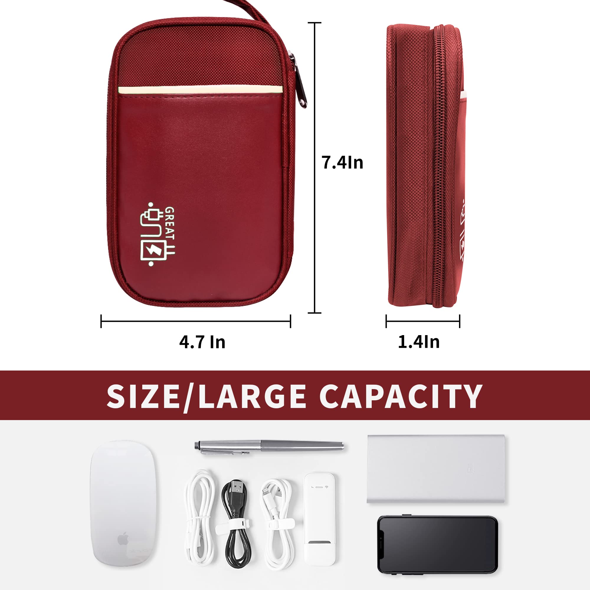 Lcsmaokin Travel Cable Organizer Bag Portable Electronic Accessories Case Polyester Wine Red Small