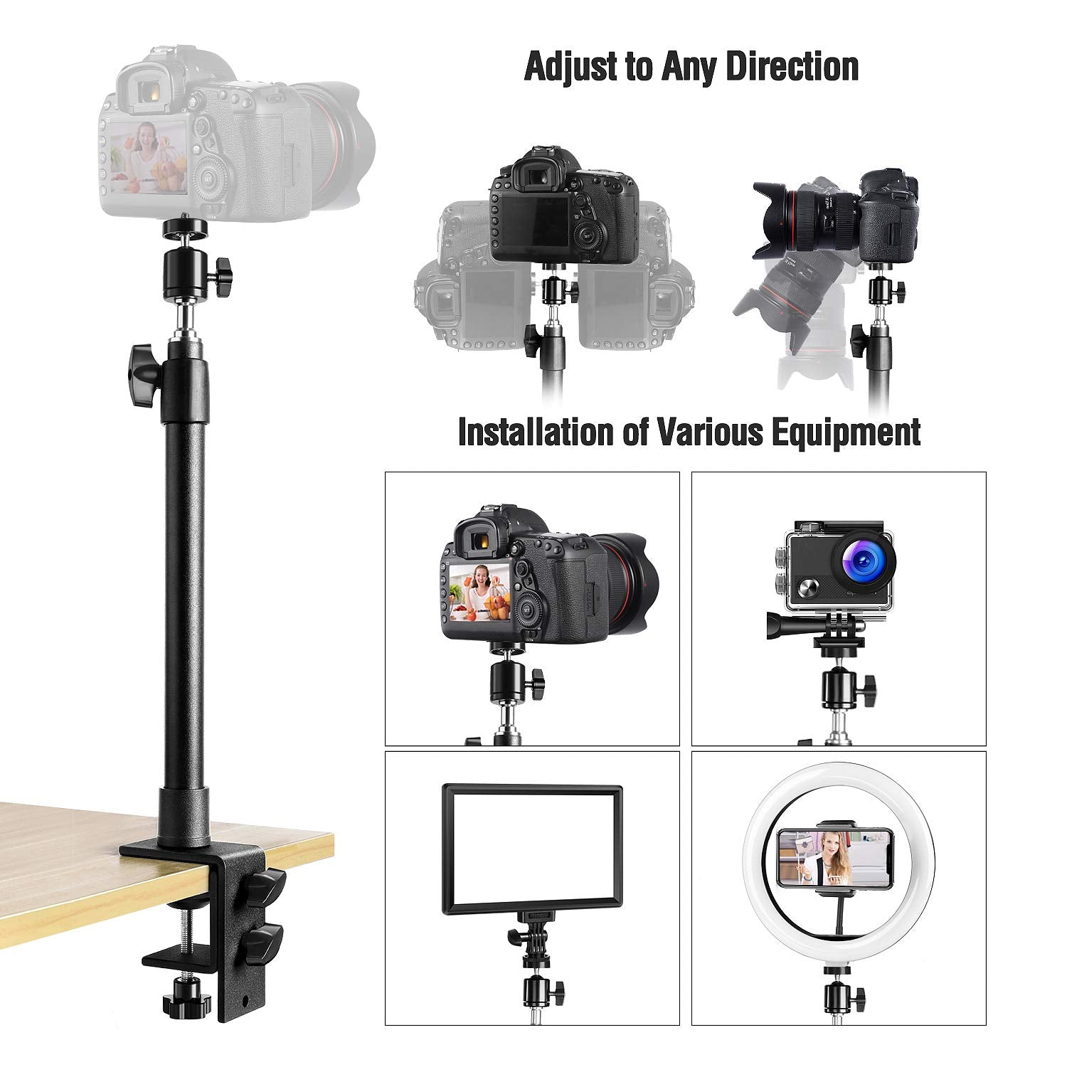 Toazoe 14-25.5 Camera Desk Mount Table Stand With 360 Rotatable Ball Head, Adjustable Desk Light Stand, Aluminum Tabletop C