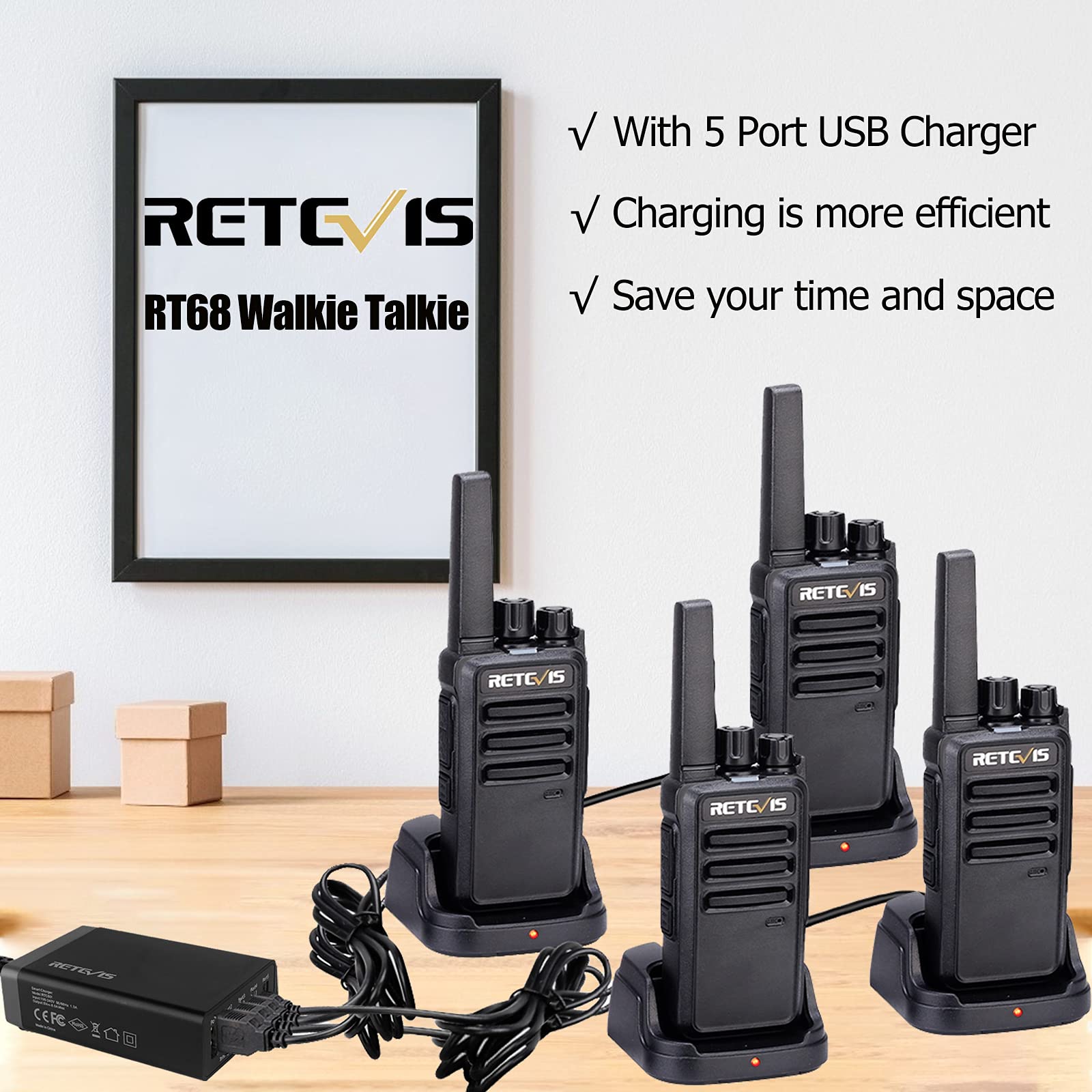 Retevis Rt68 Two Way Radios Long Range,Walkie Talkies For Adults Rechargeable With 5 Port Usb Charging Station,Portable Frs Two Way Radios Hunting Outdoors Hiking Road Trips(4 Pack)