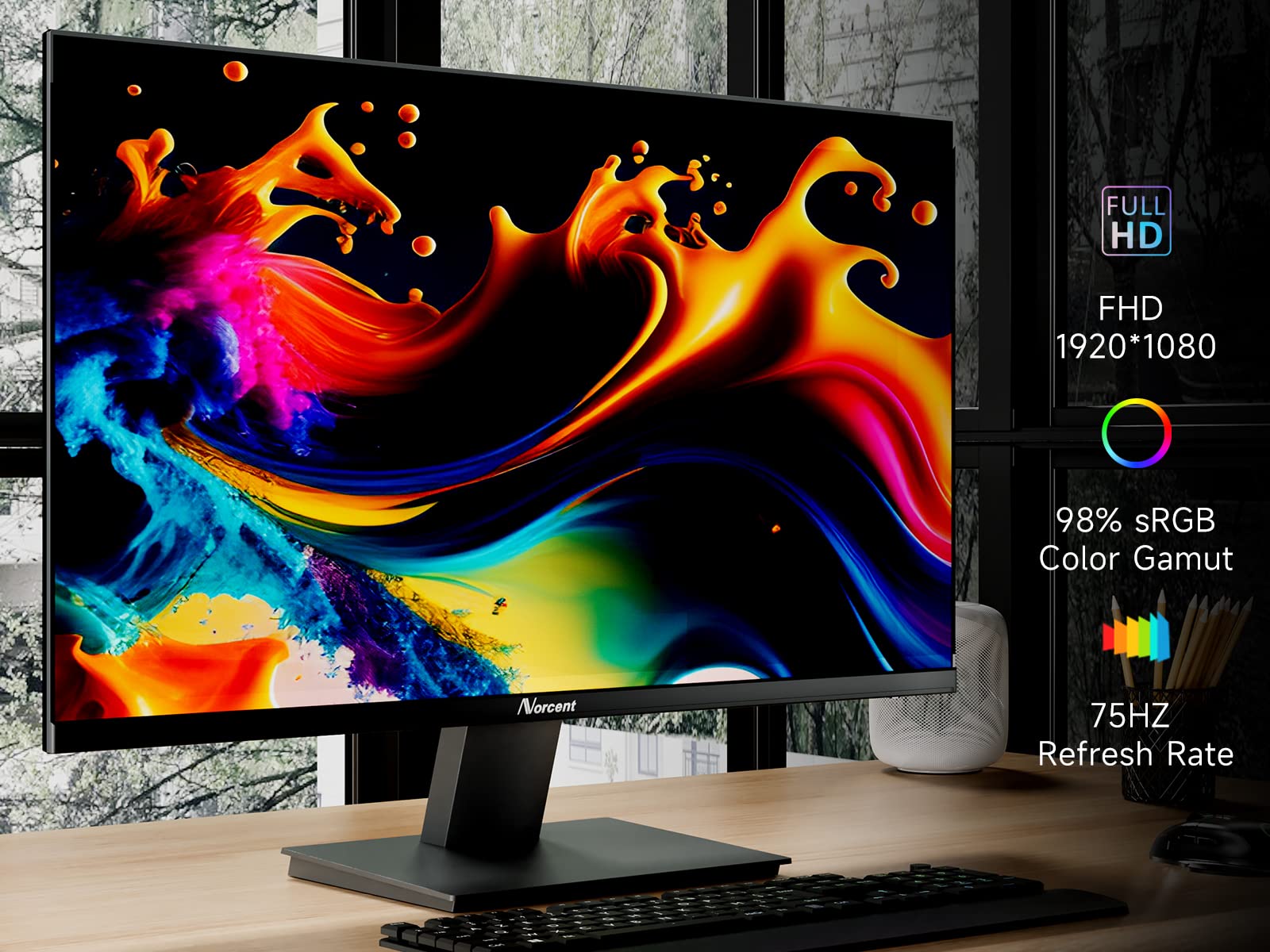 Norcent 27 Inch Desktop Frameless Monitor, 75Hz Full Hd 1080P Va Led Display, Hdmi Vga Port, Wide Viewing Angle Blue Light Prote