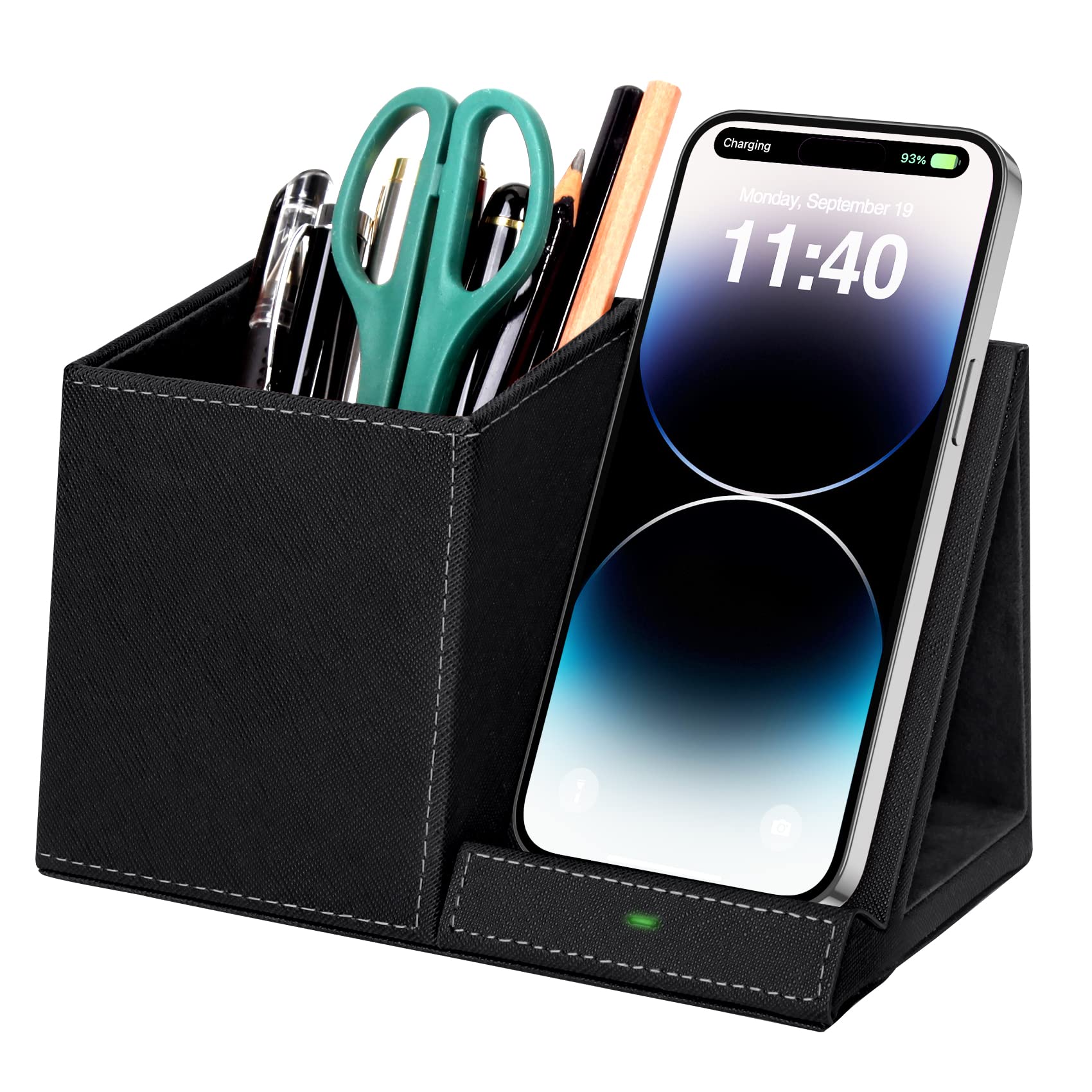 2-in-1 Pen Holder with Wireless Charger, Compatible with iPhone 16/15/14/13/12/11/8 Series, Pencil Holder Phone Stand for Desk H