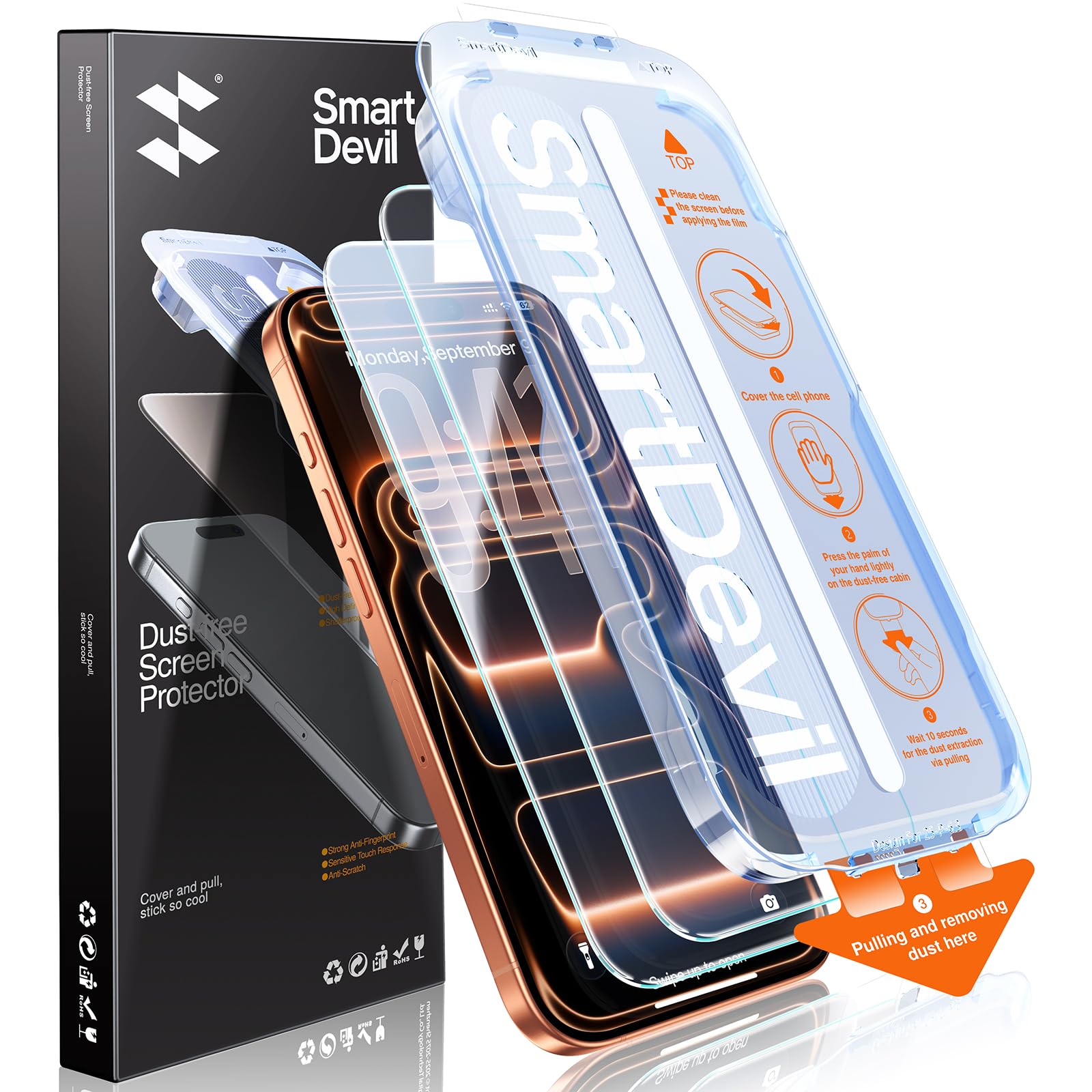 SMARTDEVIL 2 Pack for iPhone 17 Pro Max Screen Protector, 9H Hardness Military Grade Shatterproof, HD Clear Tempered Glass with 