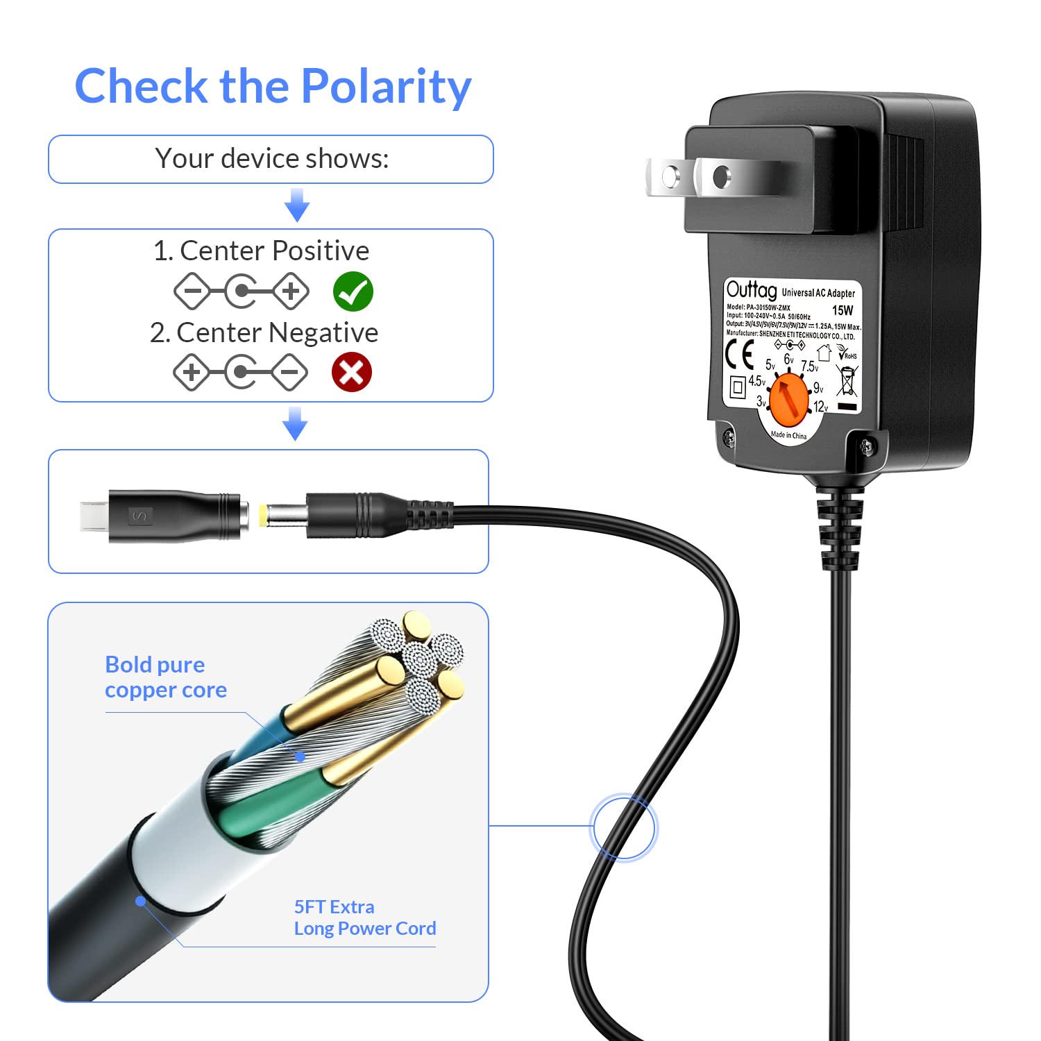 15W Universal Ac Adapter 3V 4.5V 5V 6V 7.5V 9V 12V 0.5A 1A 1.25A Max Multi Voltage Switching Power Supply Replacement For Househ
