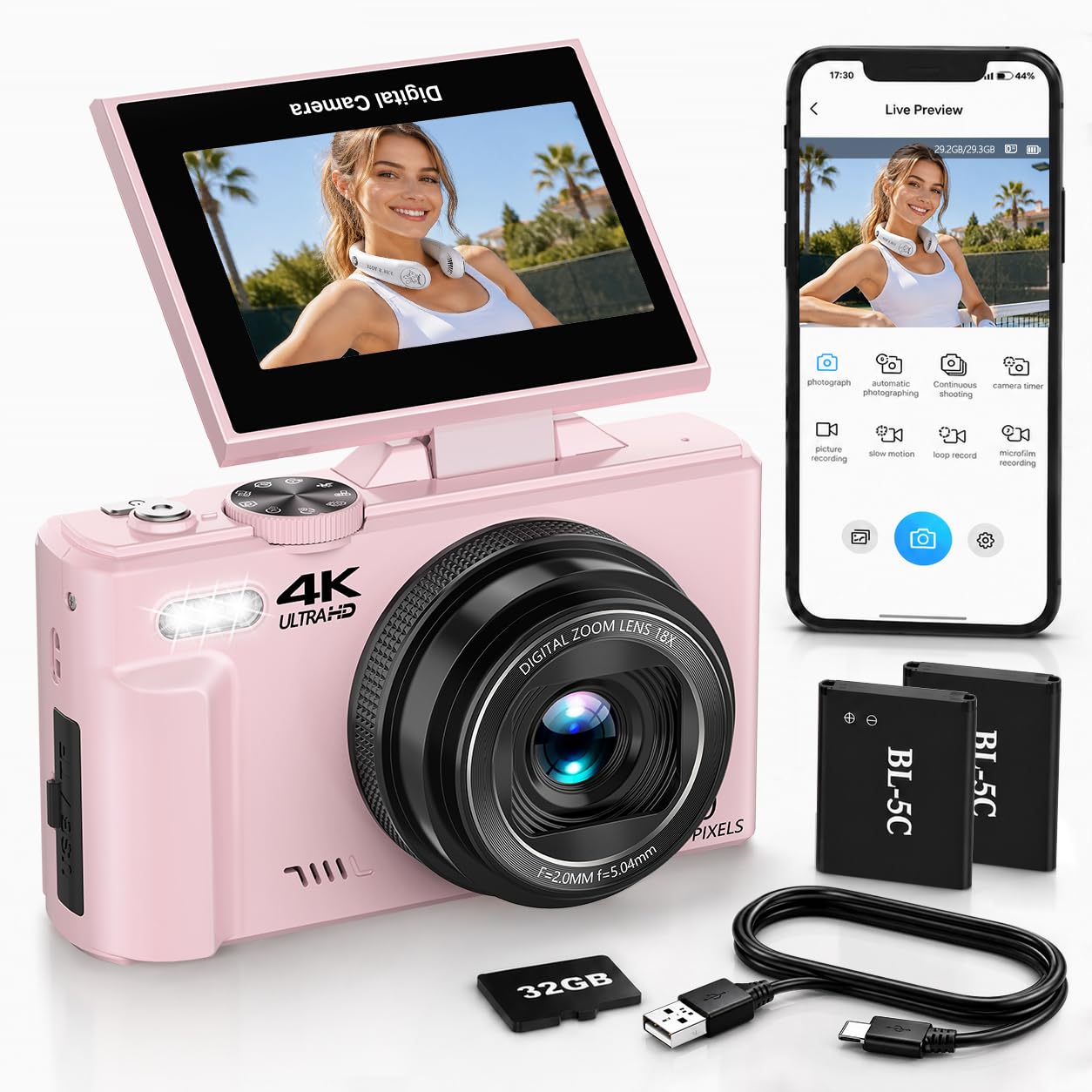 4K Digital Camera for Photography,64MP Vlogging Camera with 180Flip Screen