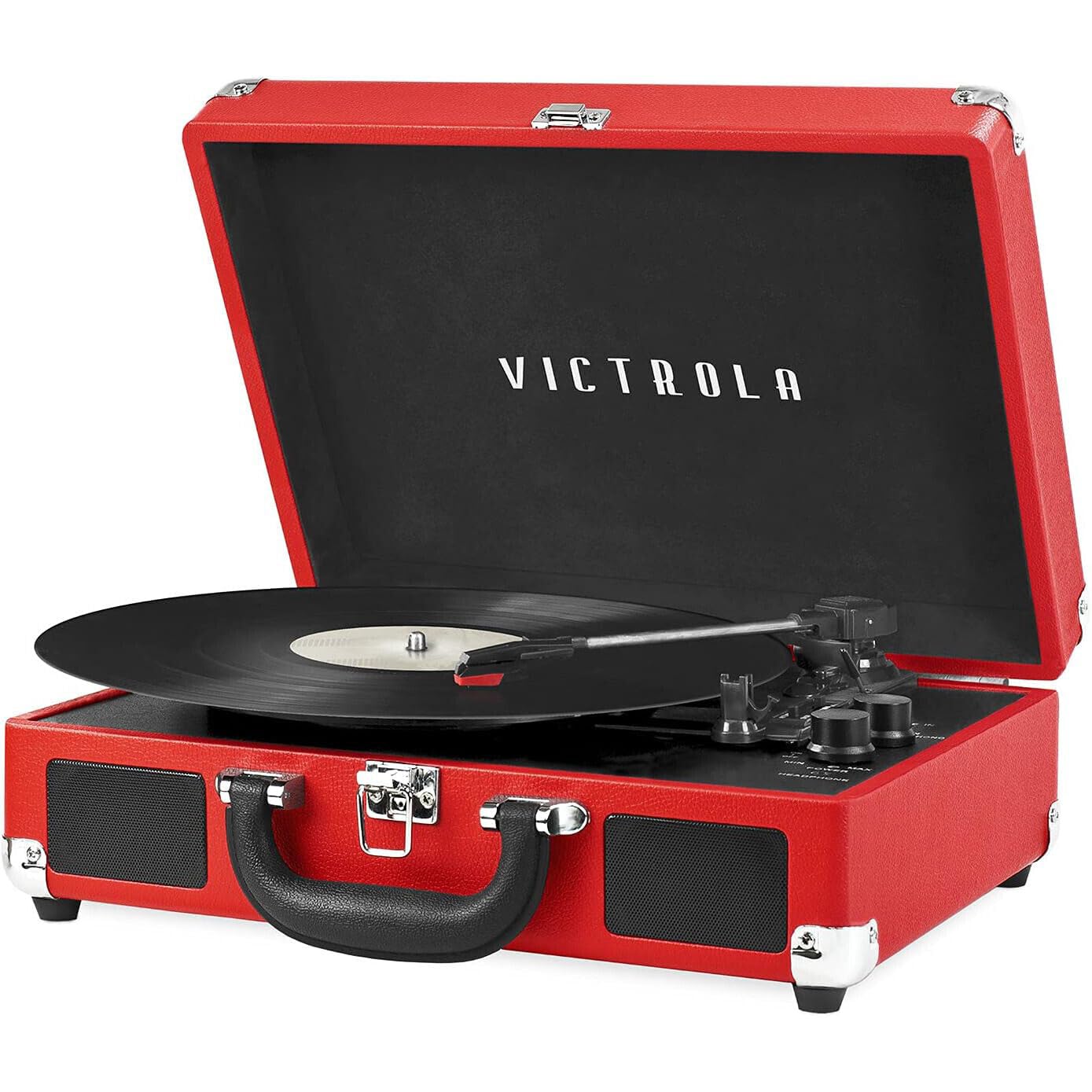 Victrola Vintage 3 Speed Bluetooth Portable Suitcase Record Player With Built In Speakers | Upgraded Turntable Audio Sound|Red,