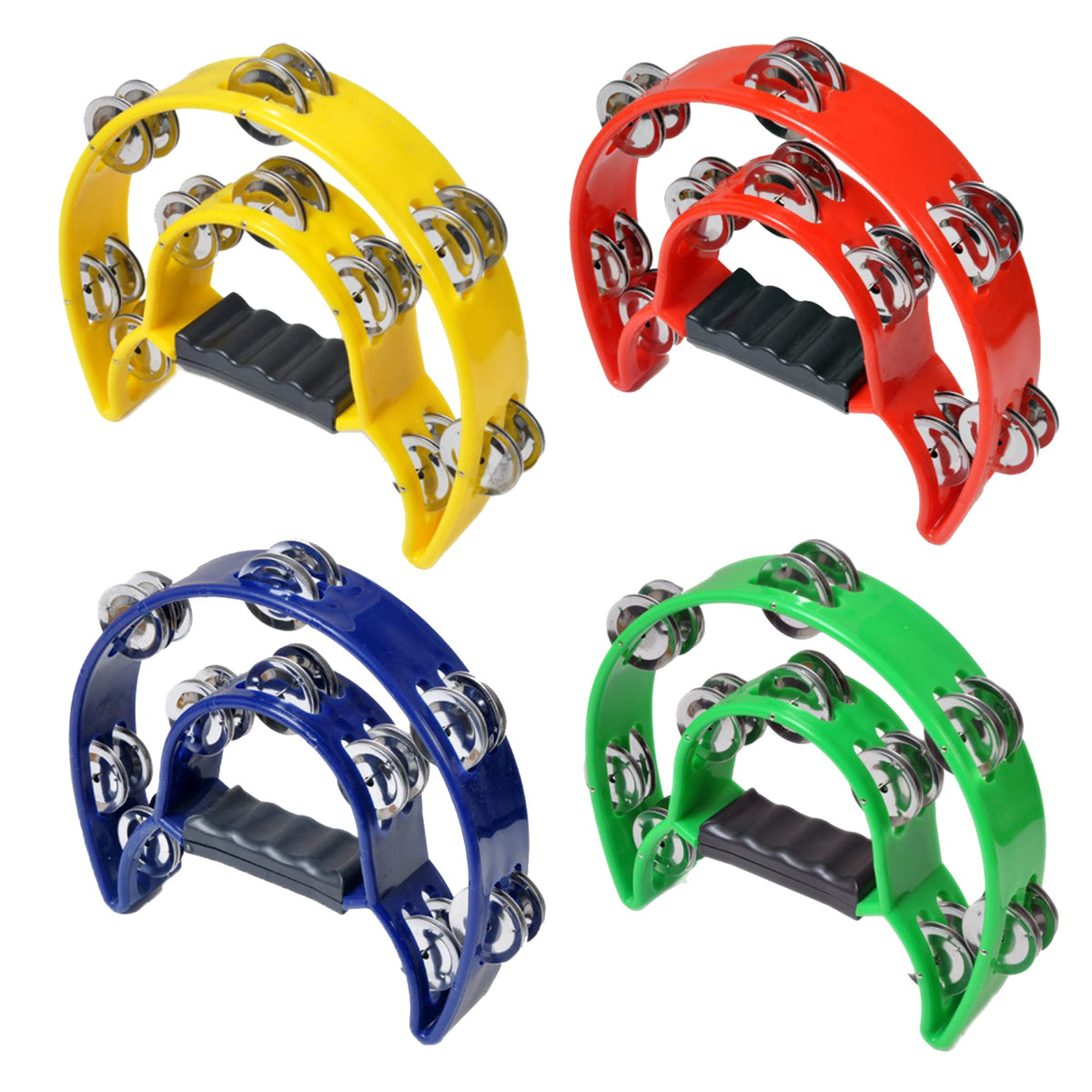 Hlmoptimo Double Row Tambourine, Half Moon Musical Tambourine Hand Held For Kids, Adults, Party, Ktv 4 Colors (9 Inch, Pack Of 4