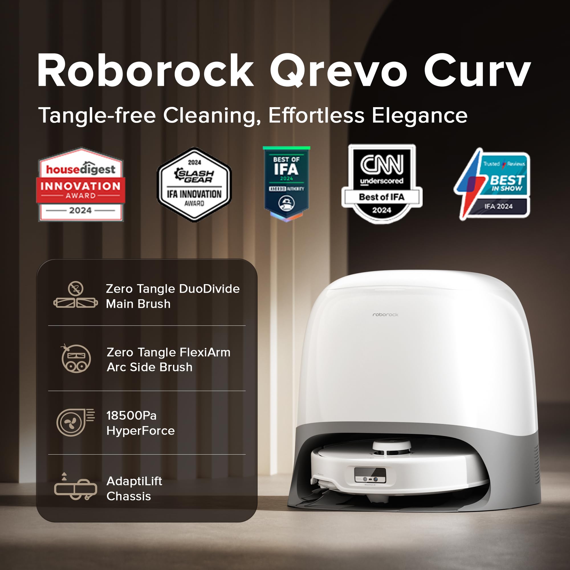 Roborock Qrevo Curv Robot Vacuum And Mop, 18,500Pa Suction, Zero Tangling, Duodivide Main Brush, Flexiarm Arc Side Brush, Flexia