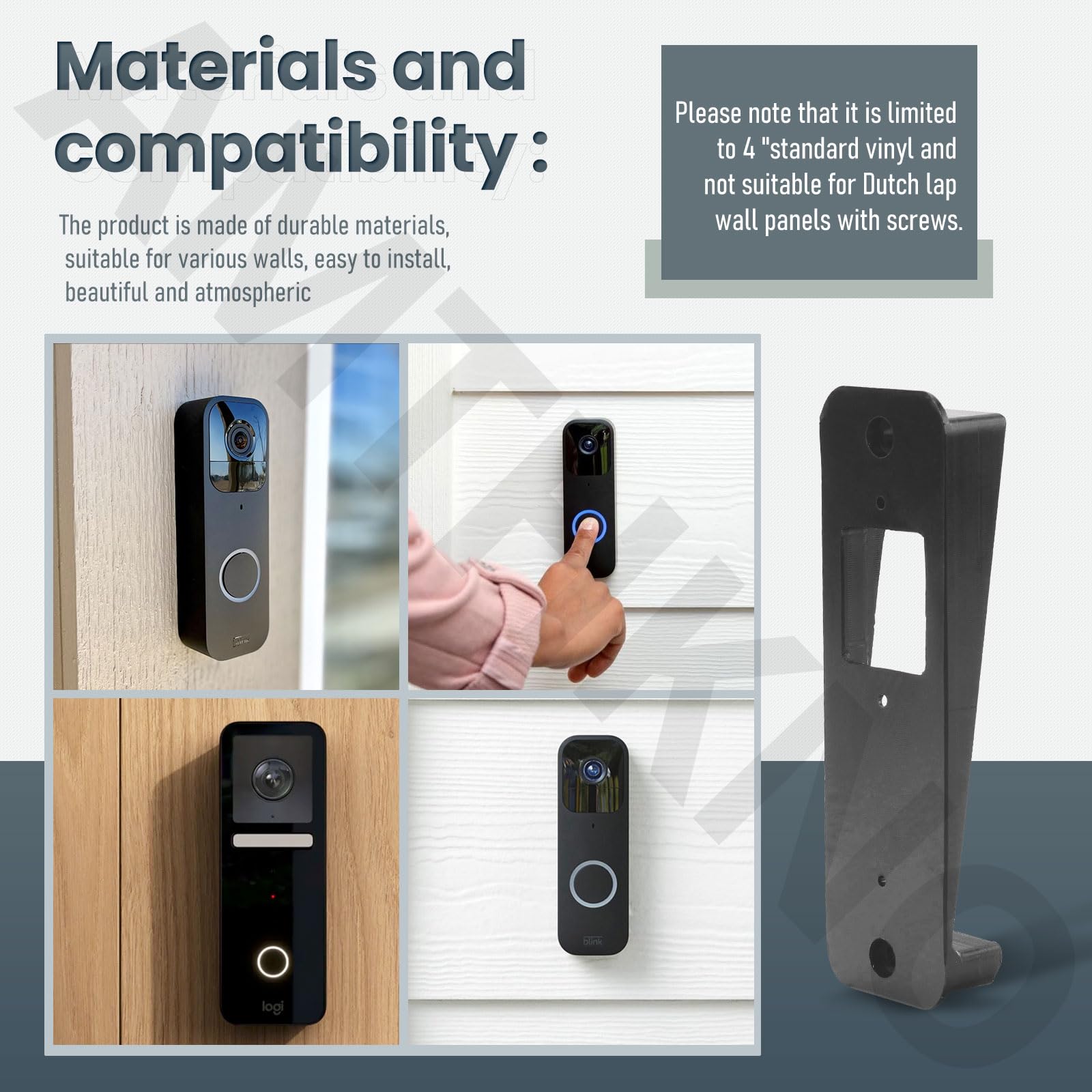 Vinyl Siding Mount/Angle Mount Wedge For Blink Video Doorbell (4'' Standard Vinyl Only, Not For Dutch Lap Siding) W/Screws   Bla