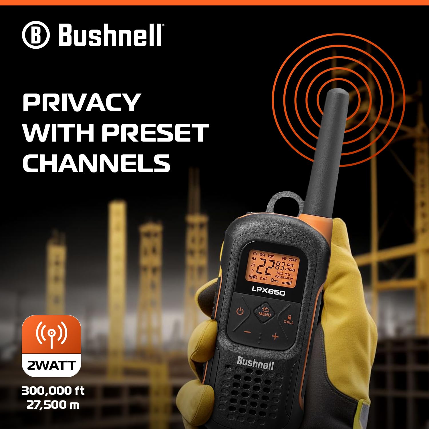 Bushnell Lpx650 Walkie Talkie Radio   Reliable Quality, Rugged Floating Design, 2W Power For 42 Miles Of Range, Two Way Radios E