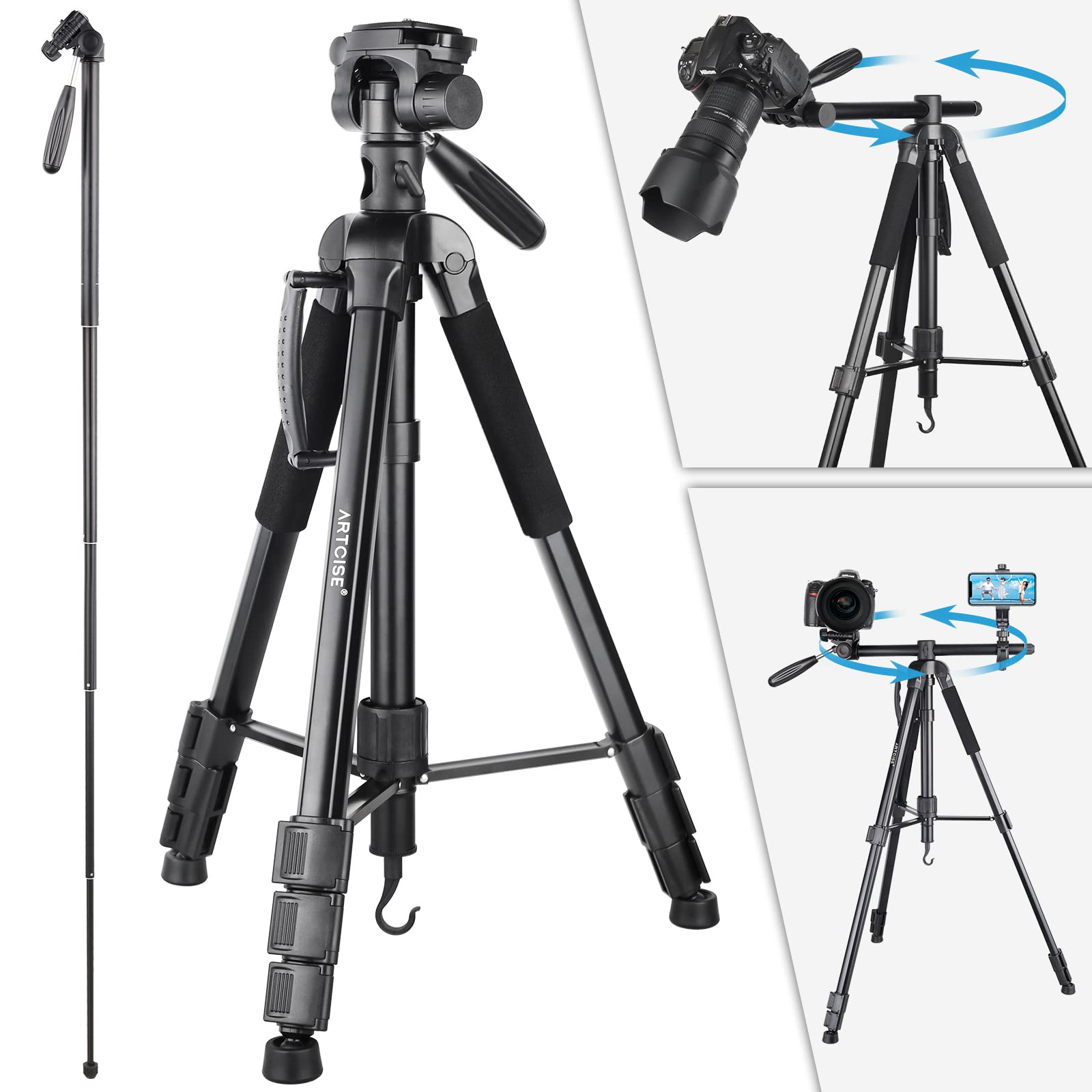 70� Camera Tripod Monopod Horizontal Tripod 3 In 1 Multifunctional Tripod Lightweight Aluminum Tripod With 360� Adjustable Ball Head And Two Phone Holder Mount For Dslr Camera Cell Phone And Dv Video