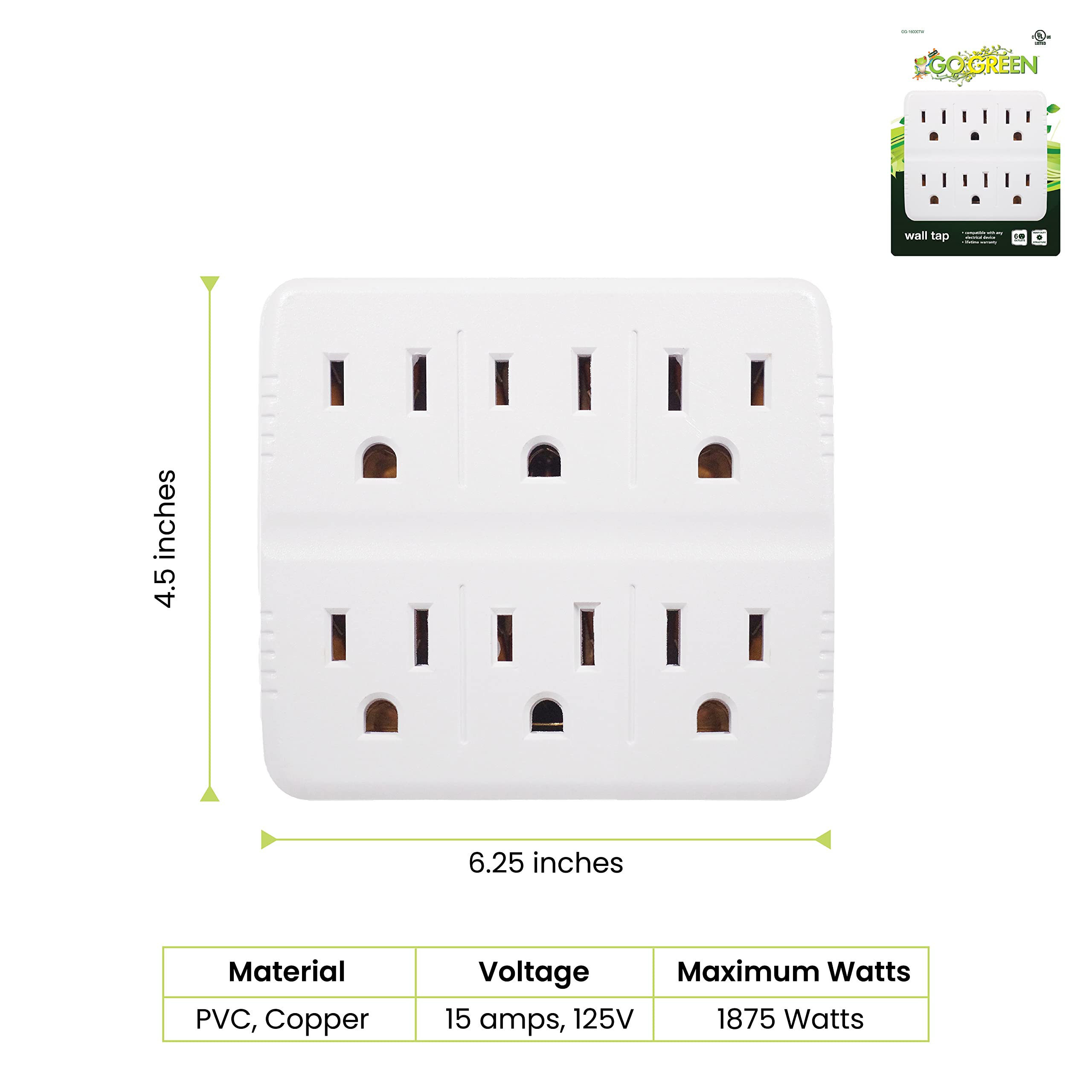 Gogreen Power (Gg 16000Tw) 6 Outlet Wall Tap Adapter, White